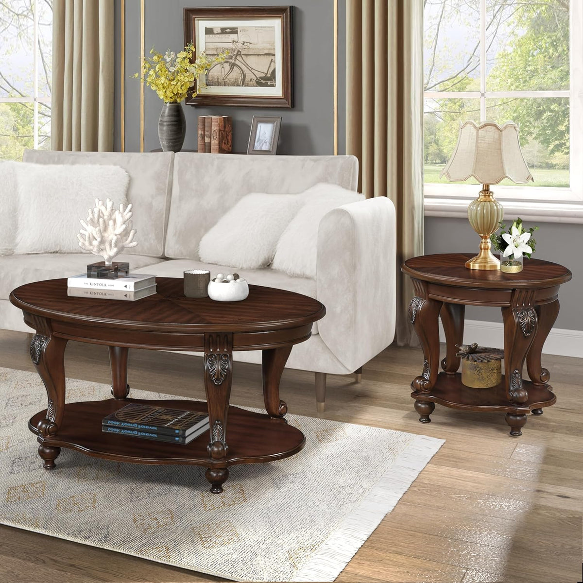 Wood Oval Living Room Coffee Table with Storage Shelf, 2 Tier Wood Coffee Table for Small Space - Cherry