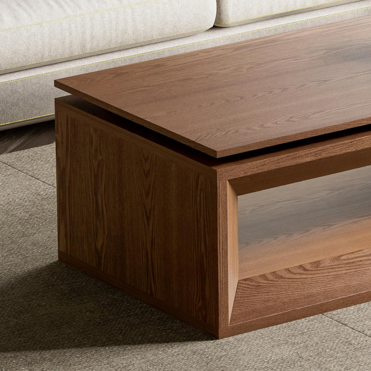 43.3'' Lift Top Coffee Table with Hidden Storage, Solid Wood Veneer Modern Center Table with Hydraulic Gas Spring, Floating Surface Tea Table for Living Room (43.3'' Walnut Lift-Top Coffee Table)
