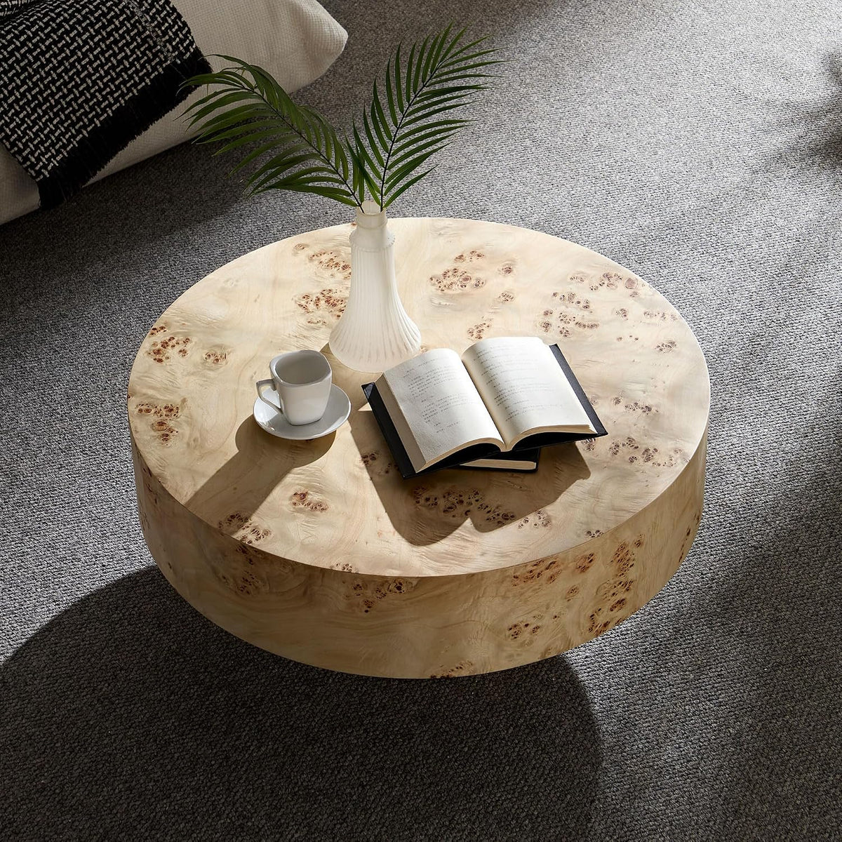 31.49' Round Coffee Table with Burl Wood Veneer & Sturdy Pedestal, Modern Luxury Circle Drum Center Table, Accent Side Table End Table for Living Room Apartment, Natural