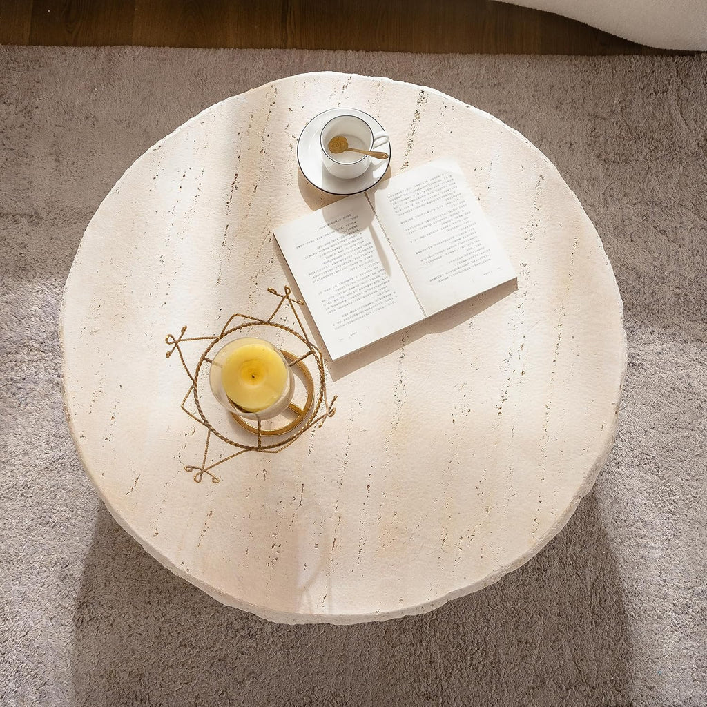 Round Coffee Table for Living Room Outdoor Faux Stone Coffee Table Amber Travertine Concrete Pattern, 31.49' Modern Faux Marble Center Tables Tea Tables, No Need Assemble, Beige