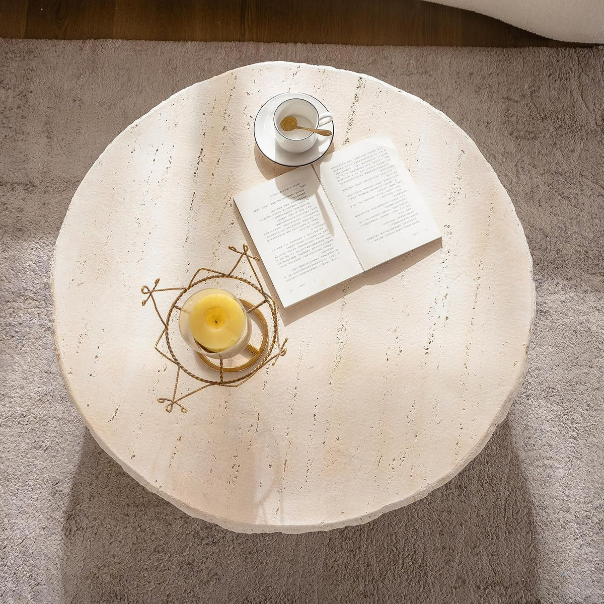 Round Coffee Table for Living Room Outdoor Faux Stone Coffee Table Amber Travertine Concrete Pattern, 31.49' Modern Faux Marble Center Tables Tea Tables, No Need Assemble, Beige