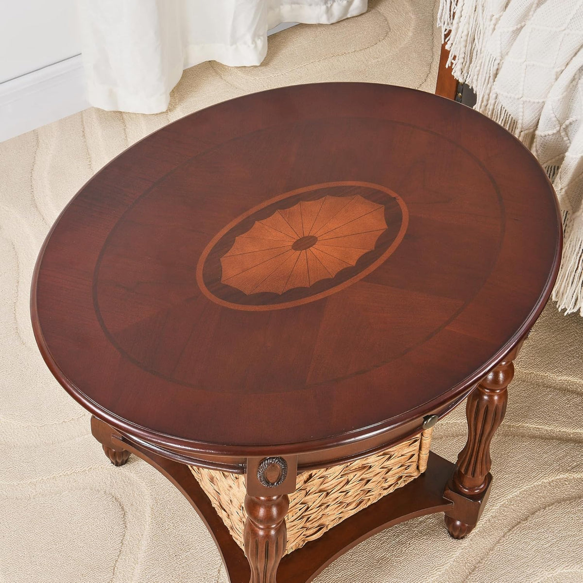 Solid Wood End Table with Drawer, Oval Sofa Side Table, Storage Shelf, Living Room Corner Table, Nightstand, 24'H Cherry Walnut CJZ1533WD-DR
