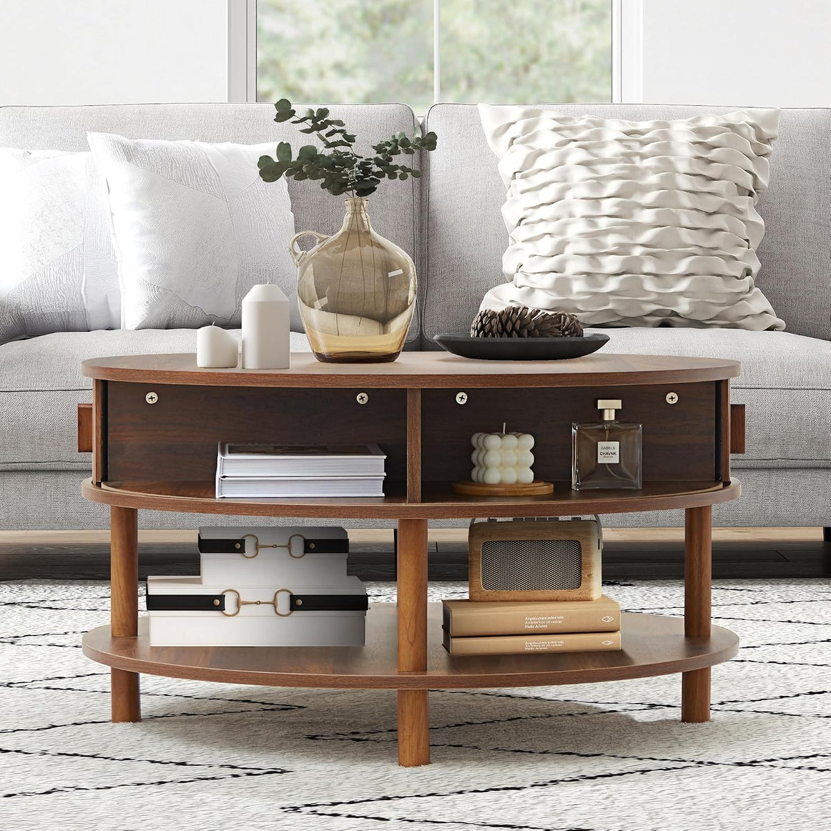XUZENEST 31.5' Round Coffee Table with Storage, Mid Century Modern 2 Tier Coffee Table with Tambour Sliding Door, Solid Wood Legs Fluted Center Table for Living Room Home Office Small Space, Walnut