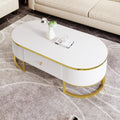 Coffee Table for Living Room, Modern Oval Shaped Coffee Table Set with 2 Drawers & Gold Metal Decor, Contemporary Luxury Cocktail Table Center Table for Office (White & Gold)
