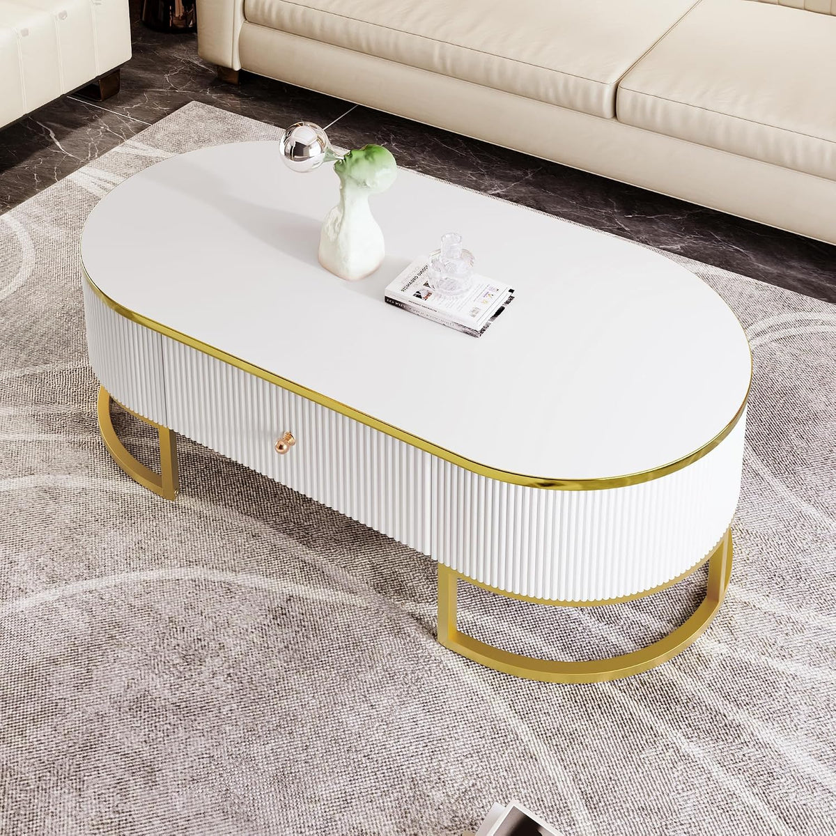 Coffee Table for Living Room, Modern Oval Shaped Coffee Table Set with 2 Drawers & Gold Metal Decor, Contemporary Luxury Cocktail Table Center Table for Office (White & Gold)
