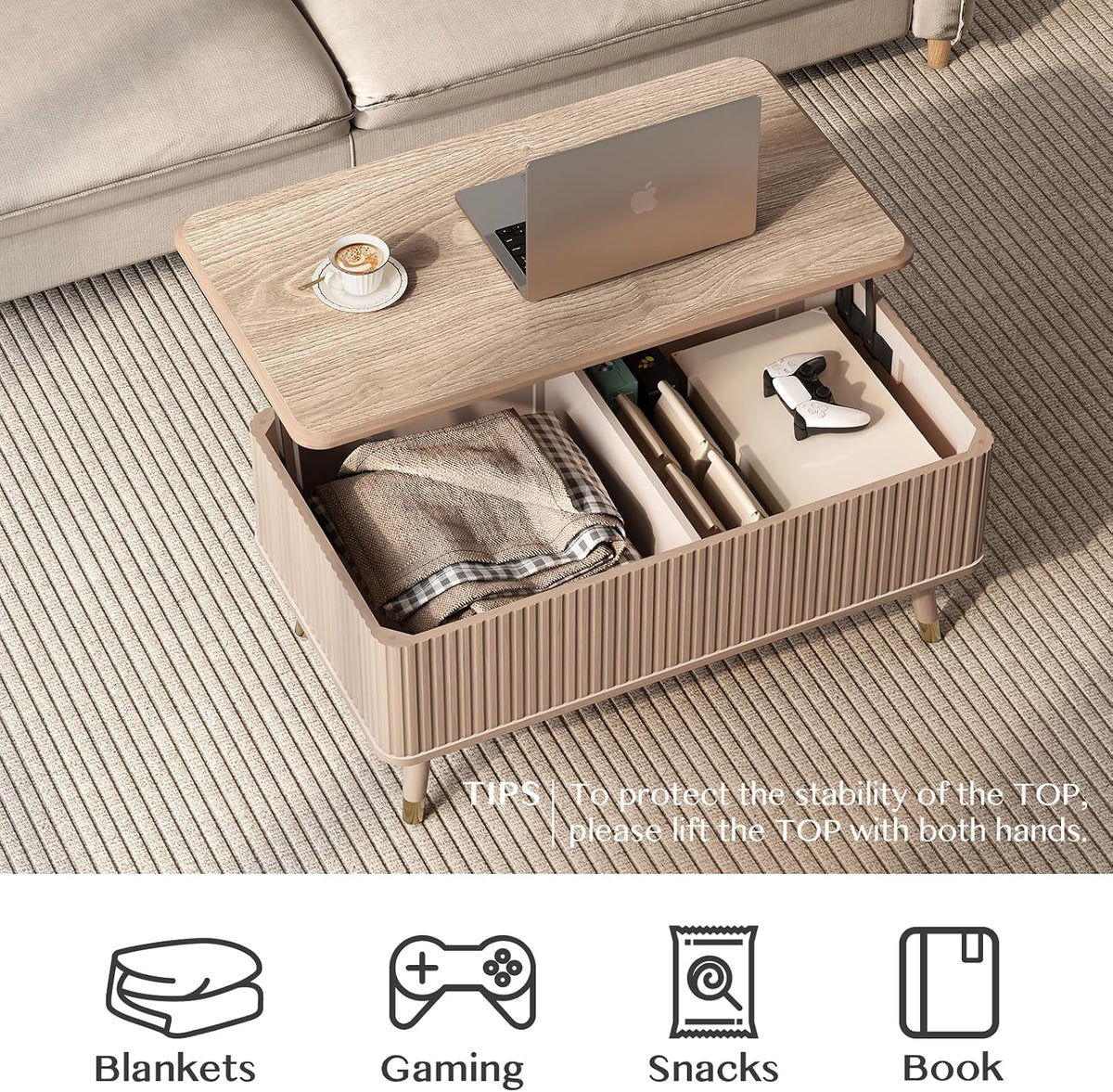 Jiansu furni Lift Top Coffee Table with Storage,Multi-Function Coffee Table with Hidden Compartment & Solid Wood Legs,Mid Century Modern Center Table for Living Room,Oak