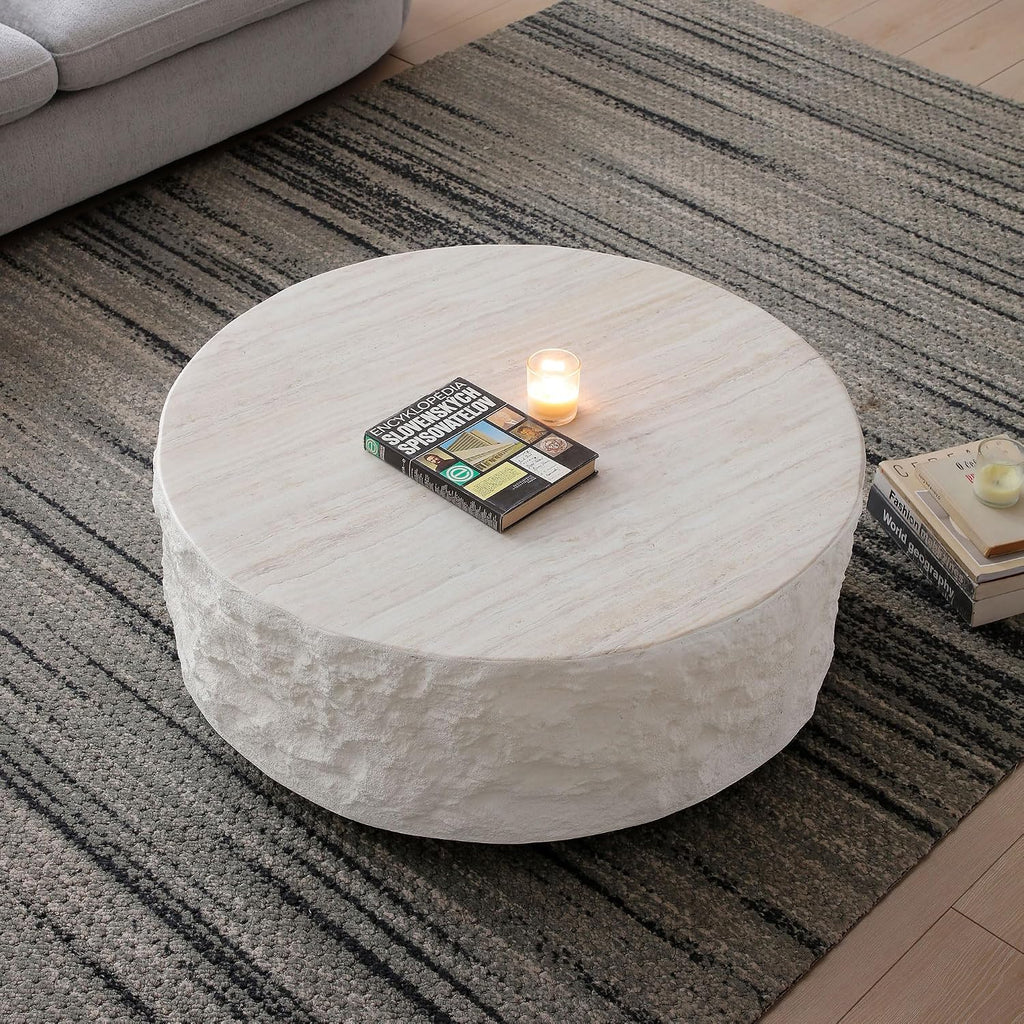 KEVINSPACE Round Coffee Table Modern Stone Coffeetable for Living Room Concrete Beige Circle Coffee Tables Drum ShapedCoffeeTable Fiberglass CenterTable Office, Fully Assembled, 35.5' W x14 H