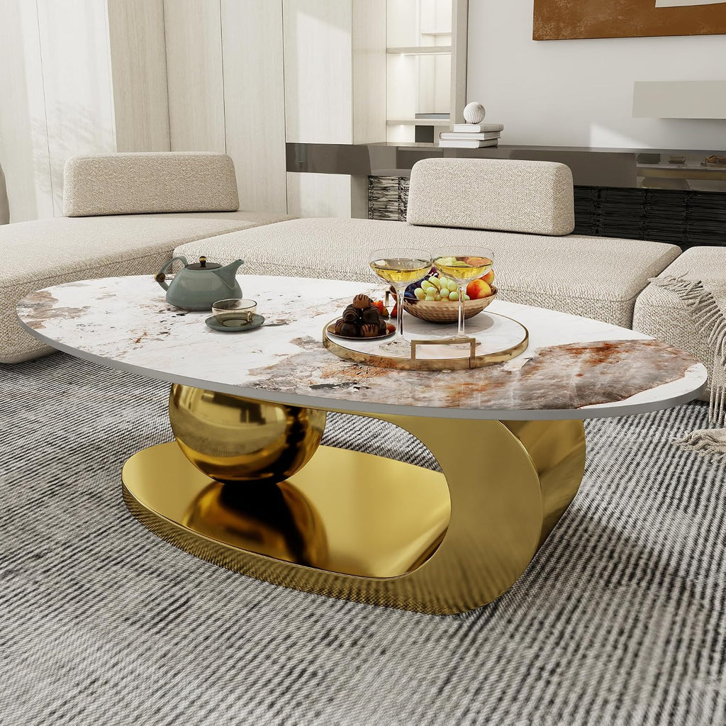 Gold Oval Coffee Table with Stainless Steel Legs,49' Faux Marble Coffee Table with Spherical Base,Luxury Coffee Tables for Living Room