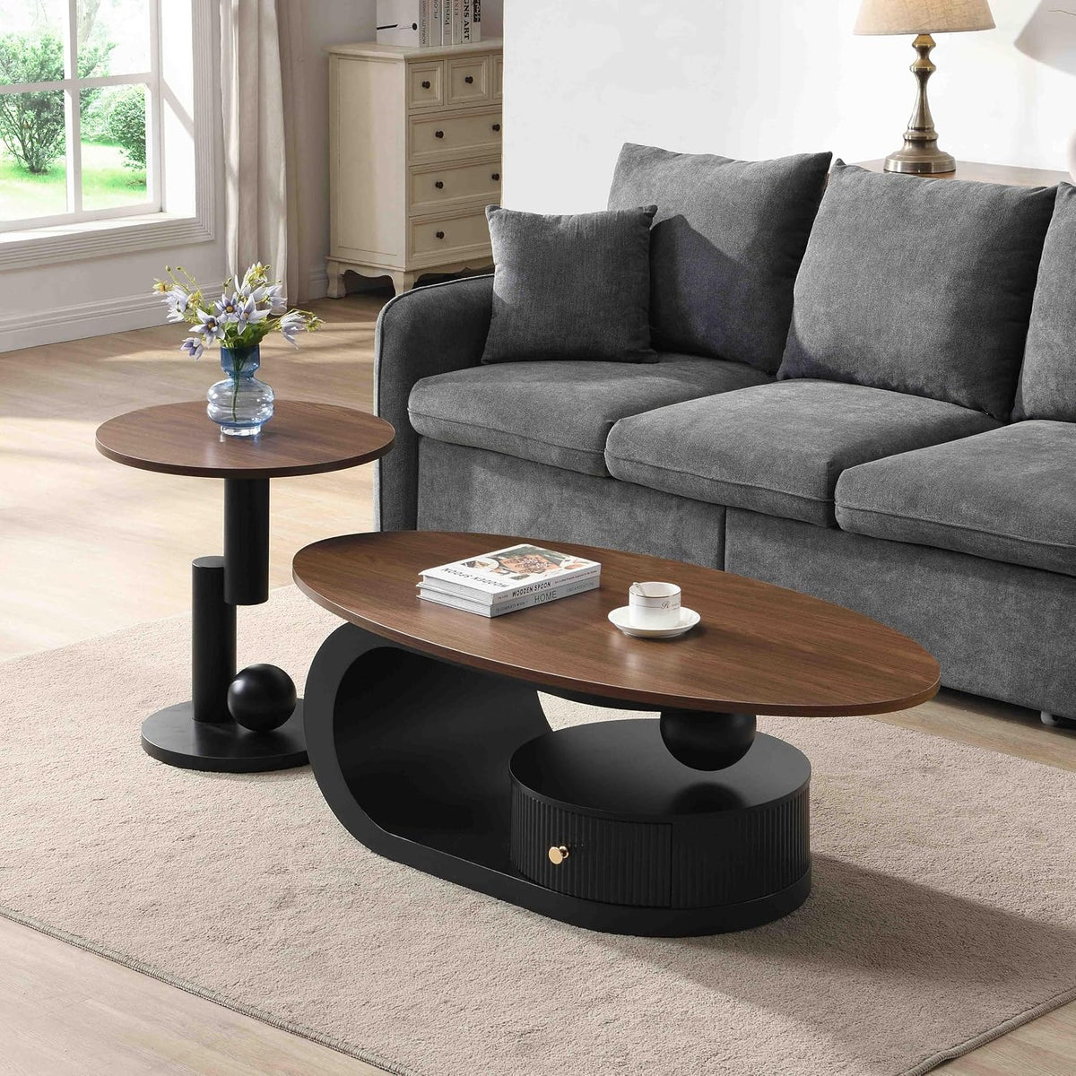 Modern Nesting Coffee Table Set of 2, 2-Piece Oval Decorative Living Room Table Set with Brown Wooden Top and Black Metal Base and 1 Drawer, Oval Coffee Table and Round End Table Set