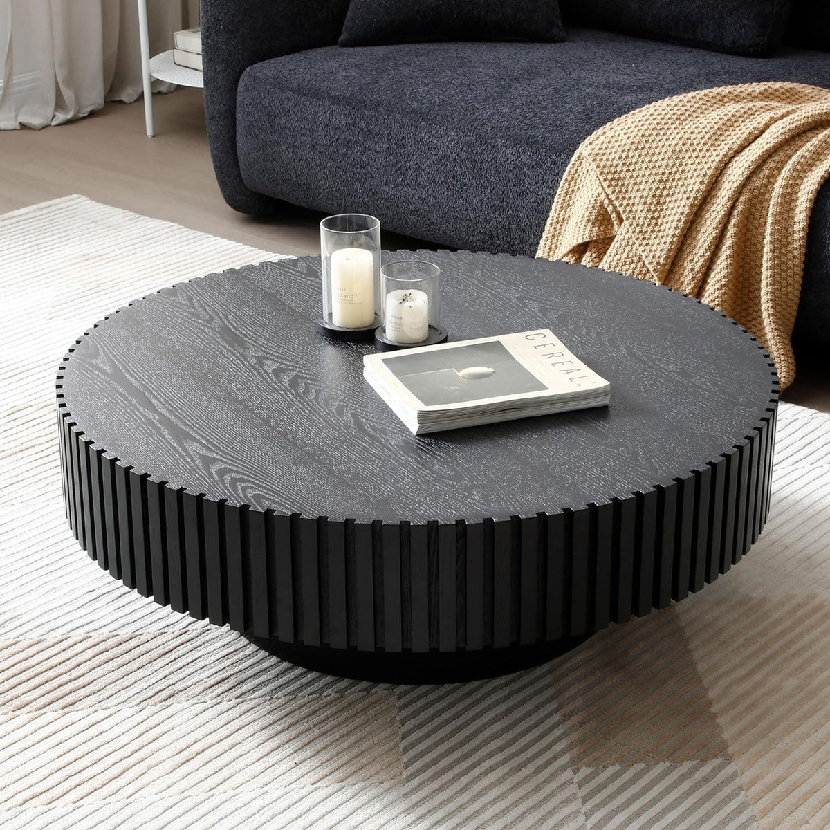 39.37' Round Wood Coffee Table, Modern Unique Circle Coffee Table, Contemporary Oak Drum Fluted Accent Side Table Center Table for Living Room, Office, Apartment, Black