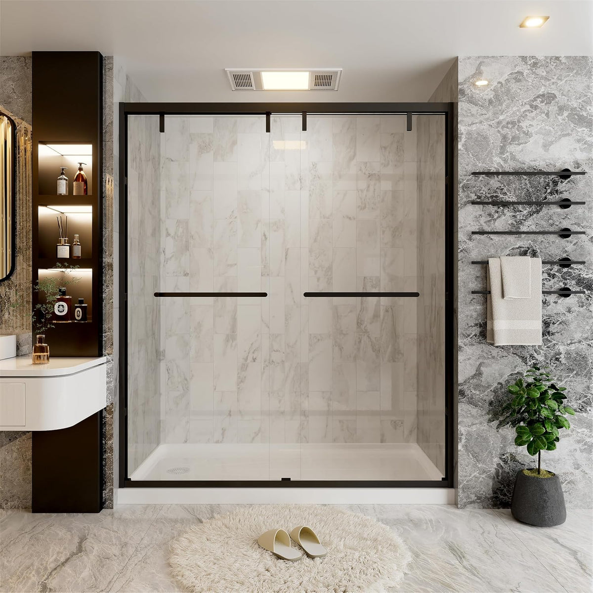 62-66 in. W x 76 in. H Semi-Frameless Double Sliding Shower Door, 2 Bypass Glass Shower Door, with 5/16' (8mm) SGCC Tempered Glass, Matte Black