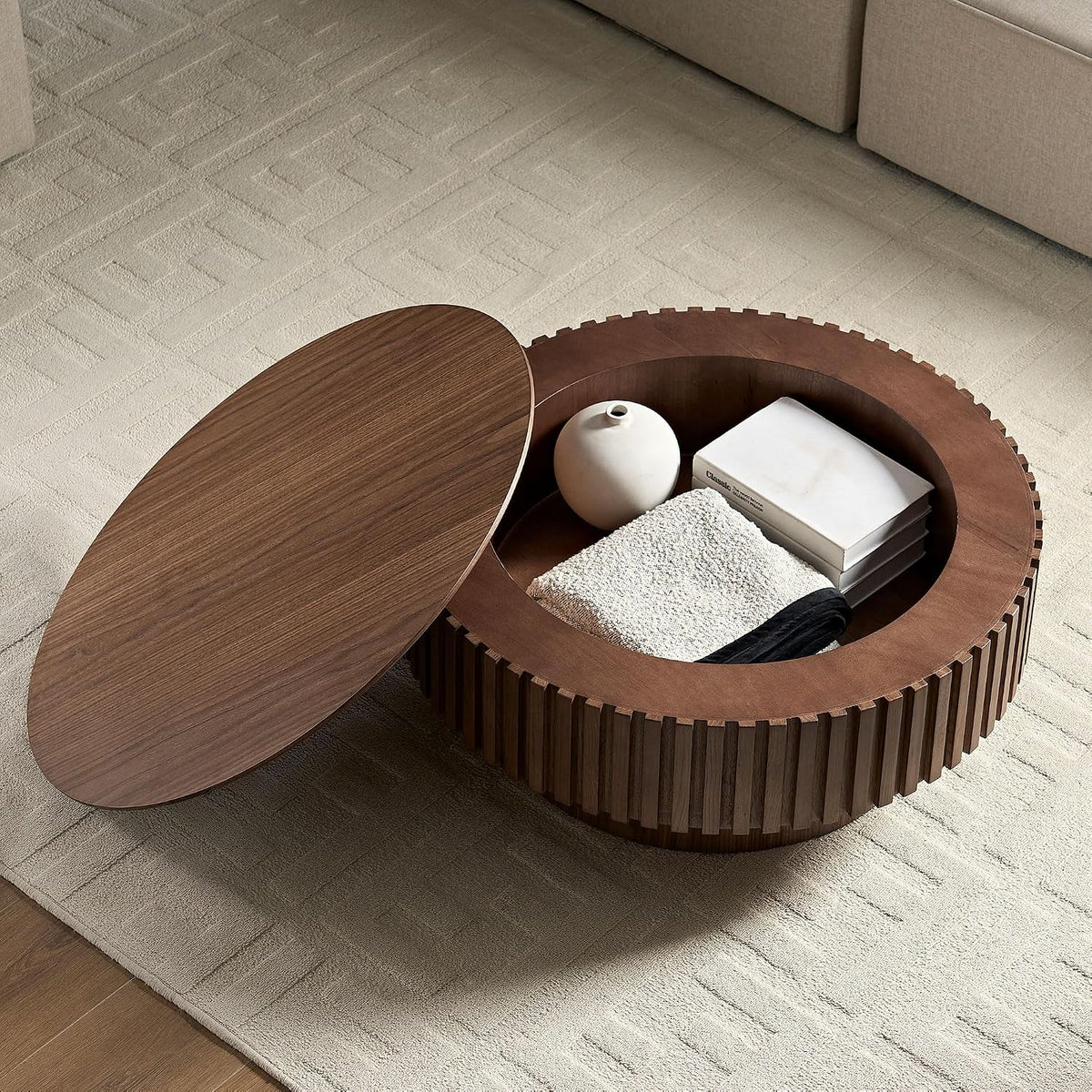 JUSTONE 31.5 Inch Round Farmhouse Coffee Table with Storage, Sturdy Pedestal Base Living Room Center Table for Lounge, Office, Apartment, Walnut