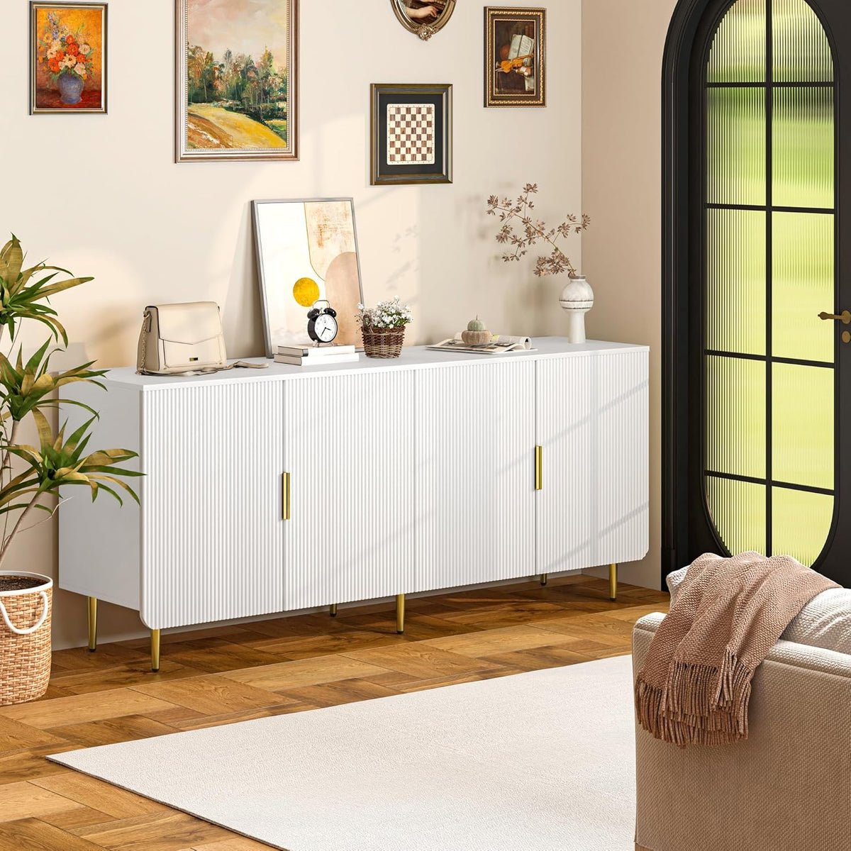65' Fluted Sideboard Buffet Cabinet with Storage, Console Cabinet with 4 Doors & Adjustable Shelves, Modern Buffet Table for Kitchen Dining Living Room Hallway‌ Entryway, White