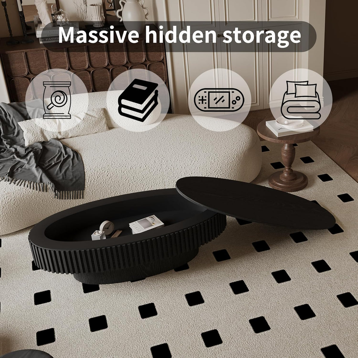 47 Inch Oval Coffee Table, Fluted Coffee Table with Storage, Wooden Center Tables for Living Room, Black