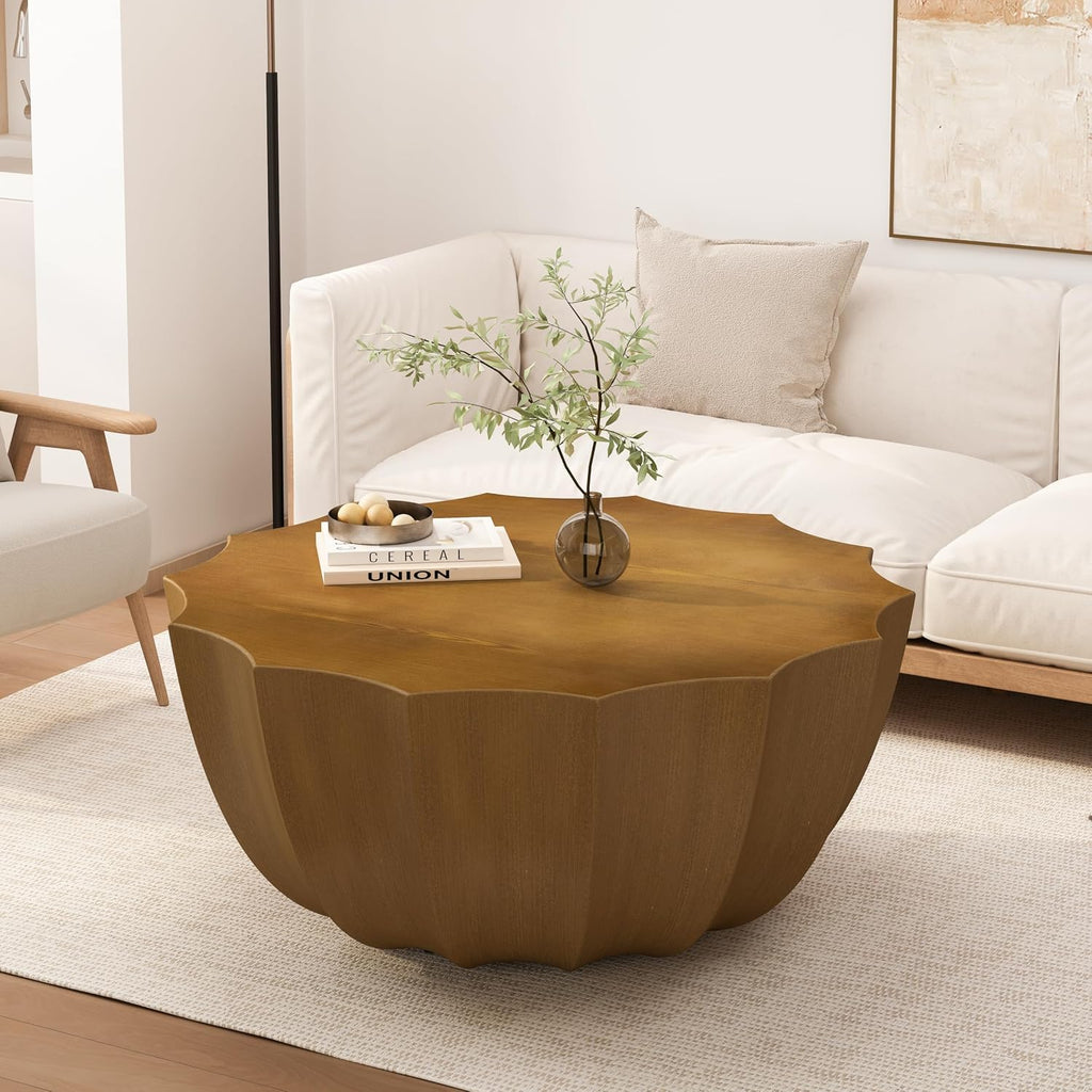 ø35.43'' Faux Stone Coffee Table for Living Room & Outdoor, Faux Concrete Cement Round Circle Drum Coffee Table, MGO Material for Waterproof, No Assembly, Wood