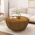 ø35.43'' Faux Stone Coffee Table for Living Room & Outdoor, Faux Concrete Cement Round Circle Drum Coffee Table, MGO Material for Waterproof, No Assembly, Wood
