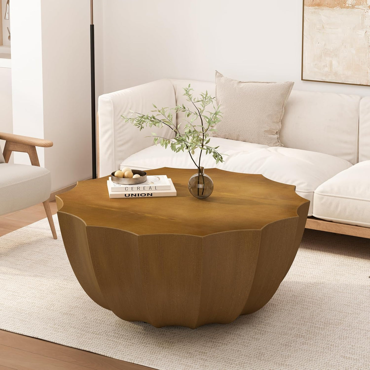 ø35.43'' Faux Stone Coffee Table for Living Room & Outdoor, Faux Concrete Cement Round Circle Drum Coffee Table, MGO Material for Waterproof, No Assembly, Wood