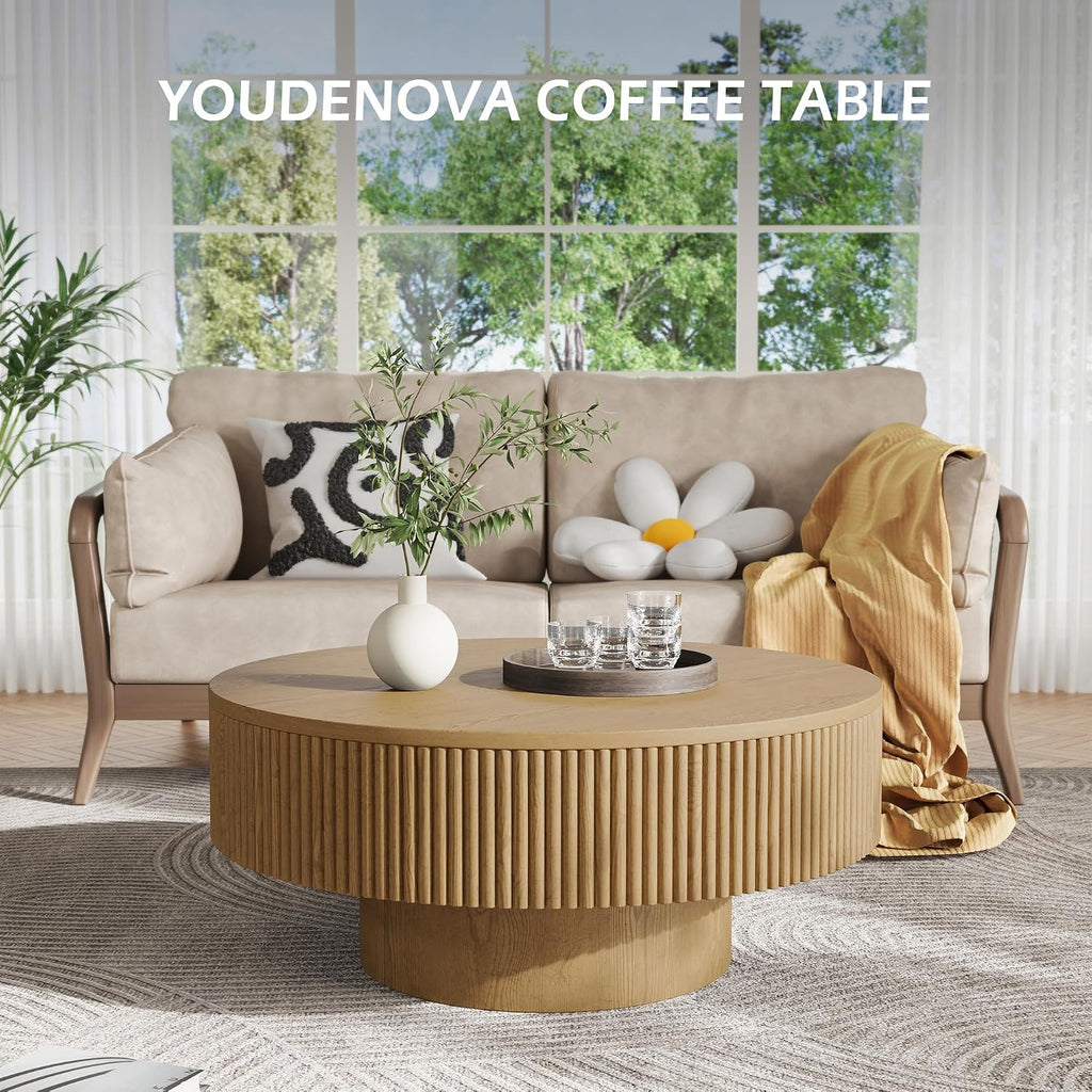 YOUDENOVA 35' Round Fluted Coffee Table, Modern Wood Circle Coffee Table, Veneer Handcrafted Relief Tea Table with Sturdy Pedestal for Living Room, Easy Assembly - Natural