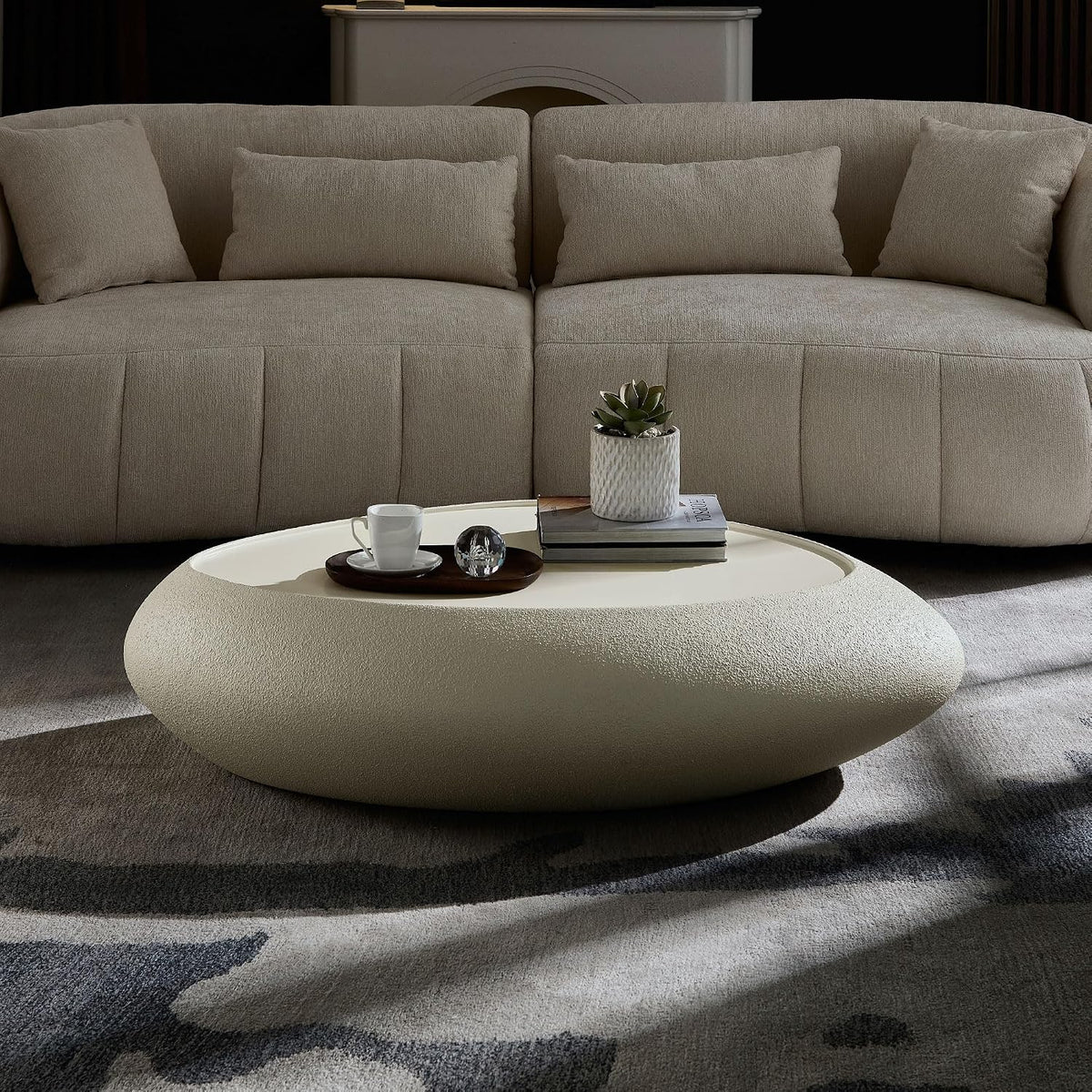 45.28' Oval Coffee Table, Modern Faux Stone Circle Center Tables Accent Drum End Side Table for Living Room, No Installation Required,White