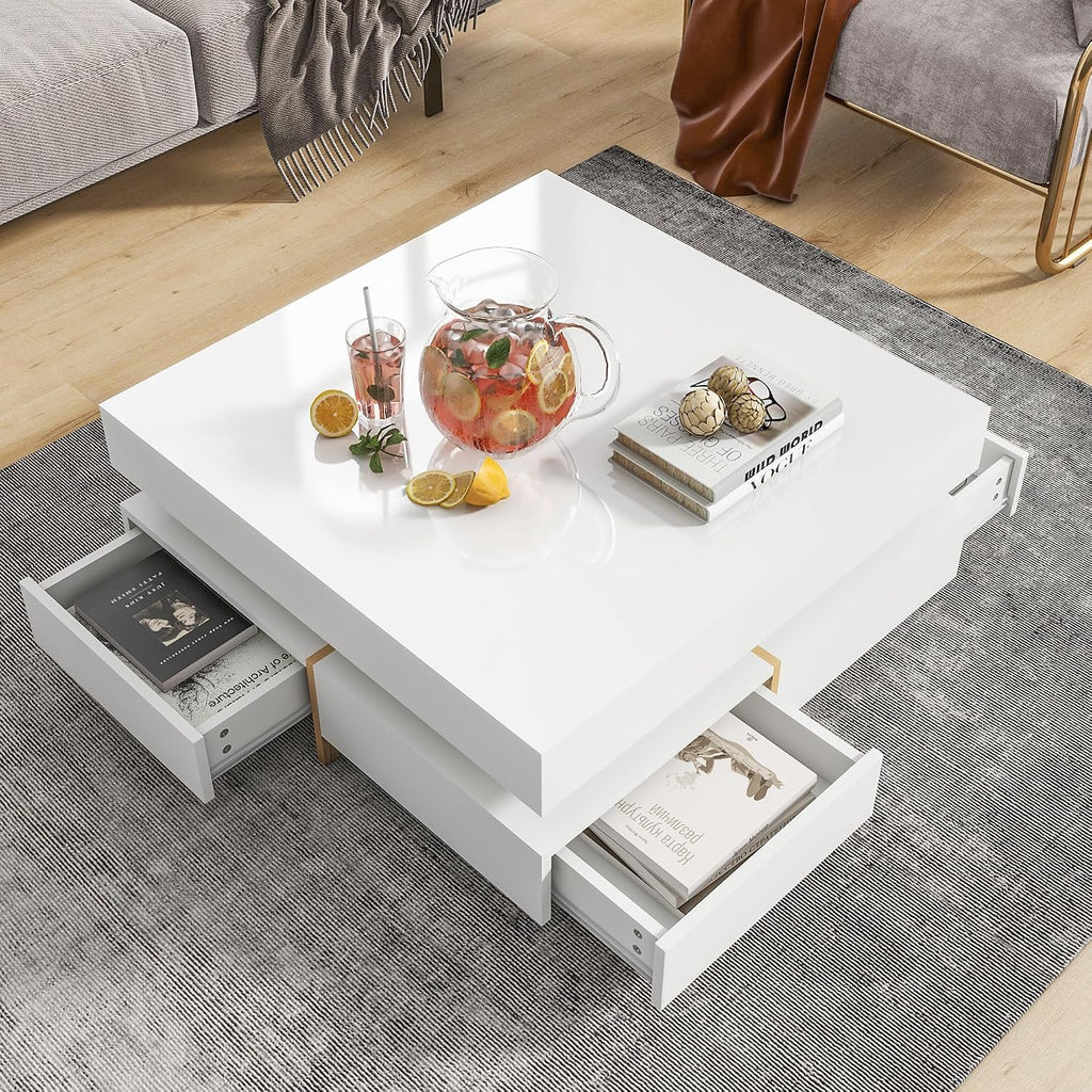 31.5' Square Coffee Table with 4 Drawers and High Gloss Surface, Modern White Cocktail Tea Table with Wood Grain Legs for Living Room or Bedroom