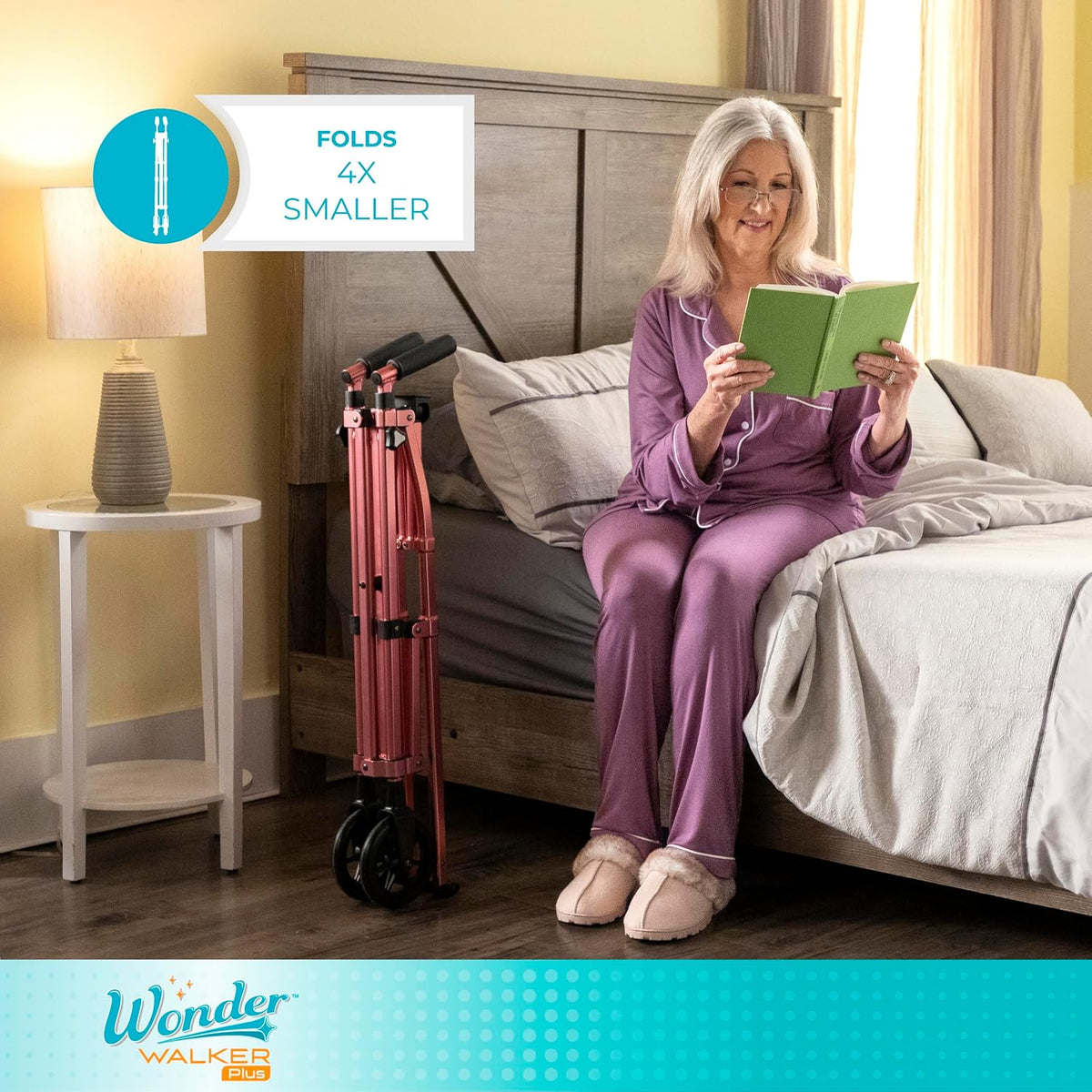 Stander Wonder Walker Plus Short, Lightweight Junior Folding Mobility Aid for Petite Adults, Seniors, and Elderly, Collapsible Travel EZ Fold-N-Go with Wheels, Glides & Basket, Sport Red