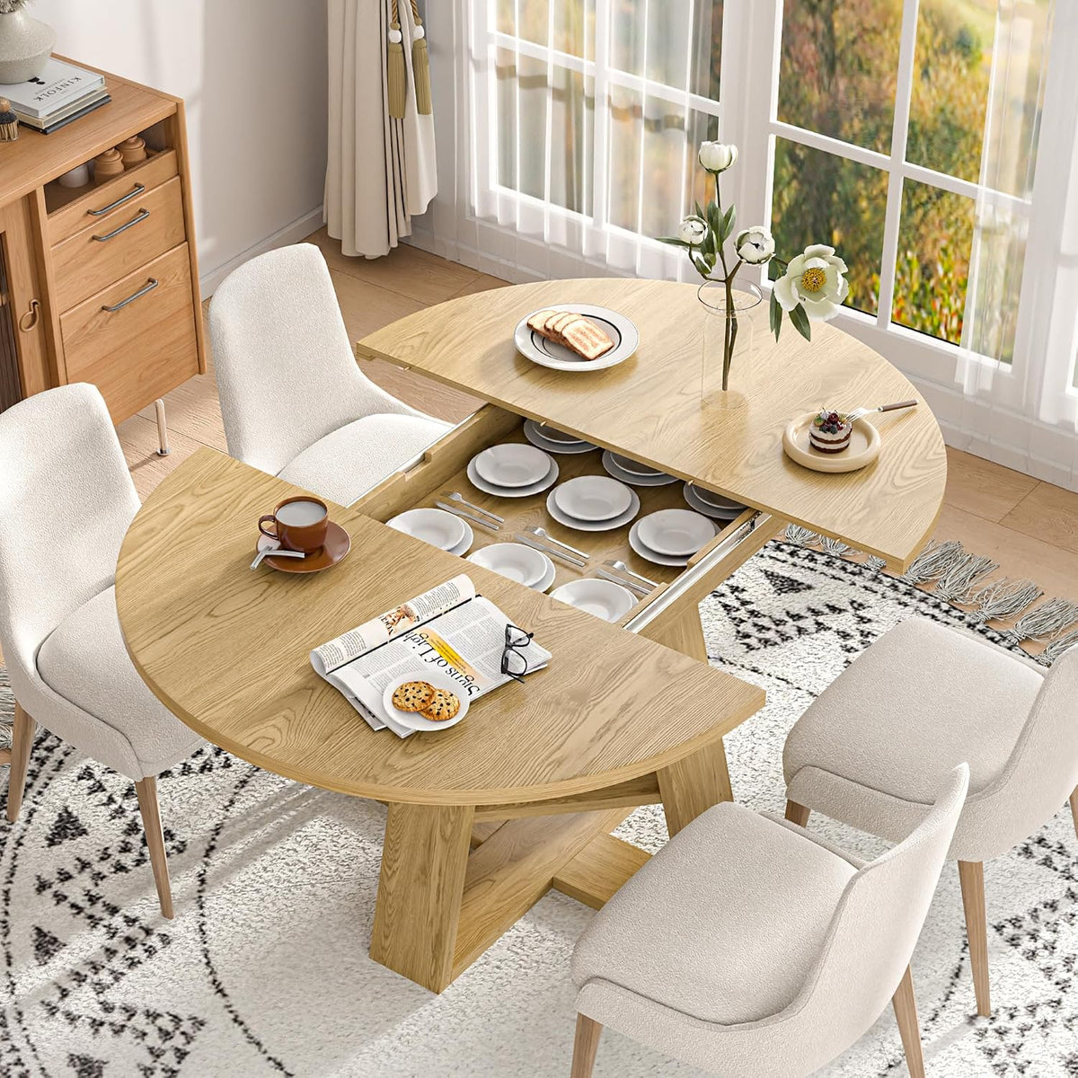 43.3in-59in Extendable Round Dining Table for 4-8,Modern Kitchen Oval Dining Table with Removable Leaves Space Saving,Wood Base with Storage Shelf for Kitchen Living Room (Wood Color)