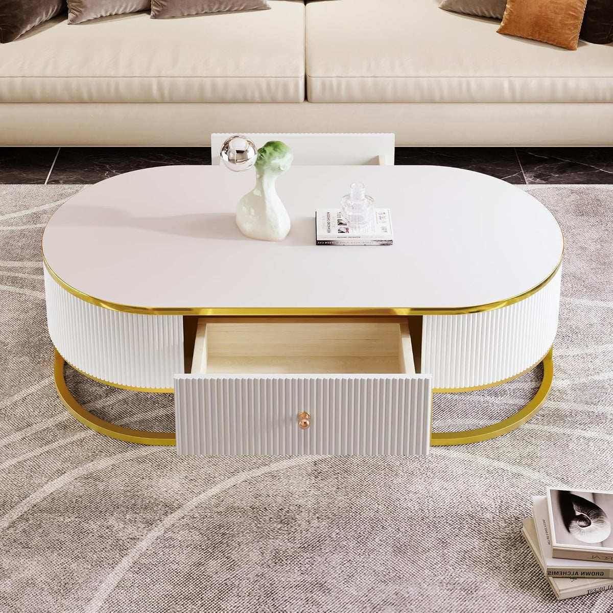 Coffee Table for Living Room, Modern Oval Shaped Coffee Table Set with 2 Drawers & Gold Metal Decor, Contemporary Luxury Cocktail Table Center Table for Office (White & Gold)