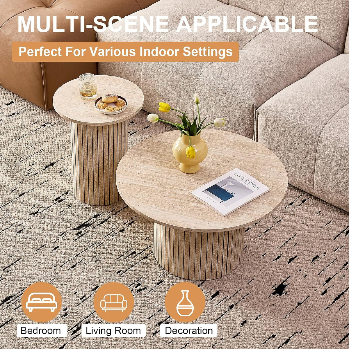 Round Nesting Coffee Tables Set of 2 -φ27.6 Large Short + φ15.8 Small Tall Boho Circle Side Tables with Fluted Drum Design, Beige