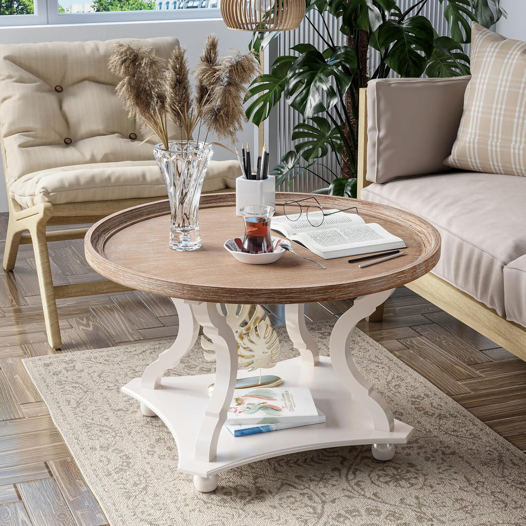 Round Farmhouse Coffee Table with Handmade Finish, Wood Tray Top Rustic Coffee Table for Added Thickness, Accent Table with Storage for Living Room, Small Place, White, Circle
