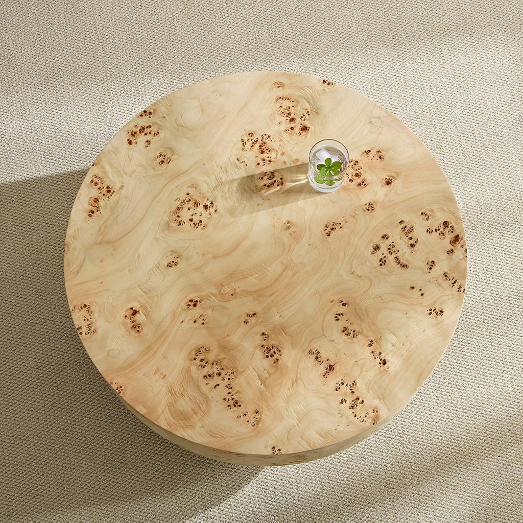 31.49' Round Coffee Table with Burl Wood Veneer & Sturdy Pedestal, Modern Luxury Circle Drum Center Table, Accent Side Table End Table for Living Room Apartment, Natural