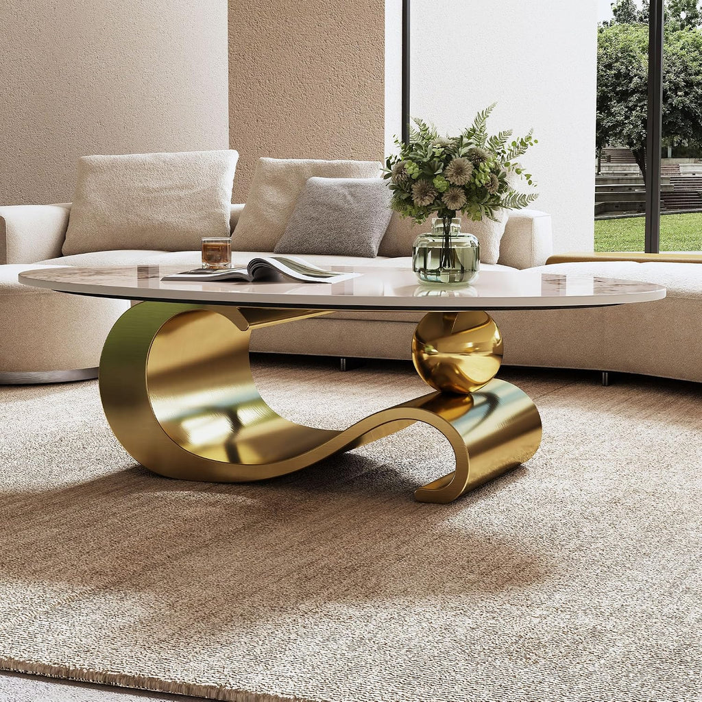Oval Coffee Table with Sintered Stone Top, 49' Luxury Modern Center Table with Marble Pattern Table Top & Gold Stainless Steel Base, Easy to Clean Unique Furniture for Living Room, Office