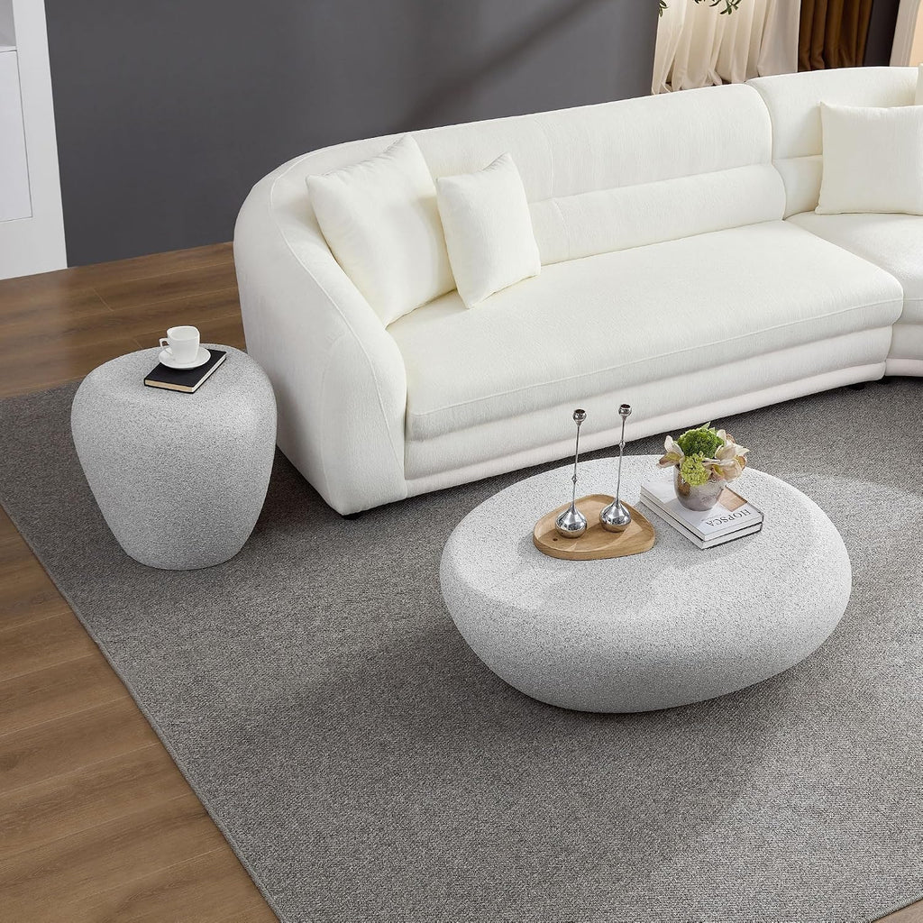 Faux Stone Coffee Table Set of 2 for Living Room, Modern Mid-Century Rustic Round Oval Curved Coffee Table, Fiberglass Material & Grainy Stone Paint, No Assembly, Beige