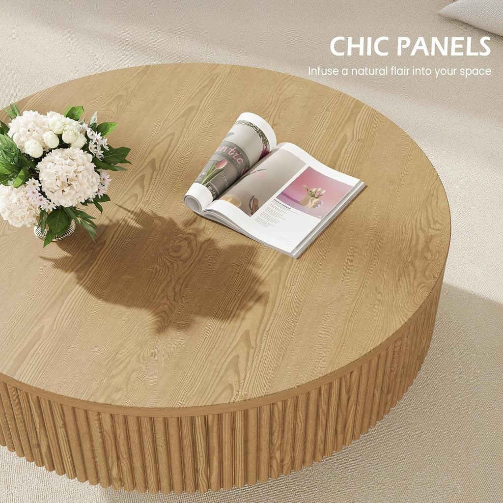 YOUDENOVA 35' Round Fluted Coffee Table, Modern Wood Circle Coffee Table, Veneer Handcrafted Relief Tea Table with Sturdy Pedestal for Living Room, Easy Assembly - Natural