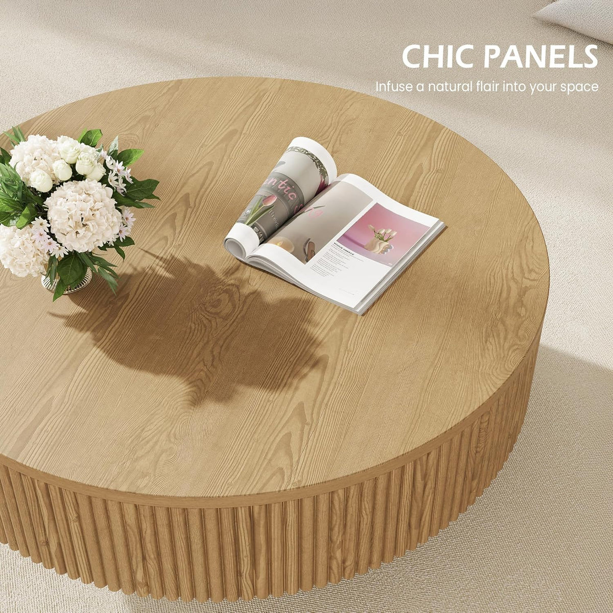 YOUDENOVA 35' Round Fluted Coffee Table, Modern Wood Circle Coffee Table, Veneer Handcrafted Relief Tea Table with Sturdy Pedestal for Living Room, Easy Assembly - Natural