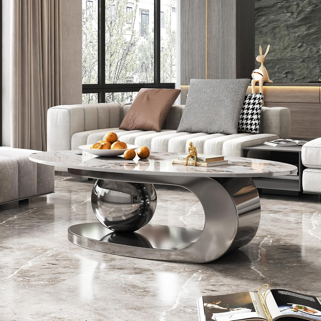 49.2' Oval Coffee Table, Modern Faux Marble Coffee Tables with Sintered Stone Tabletop, Large Unique Tea Table with Stainless Steel Base for Living Room, Office, Bedroom