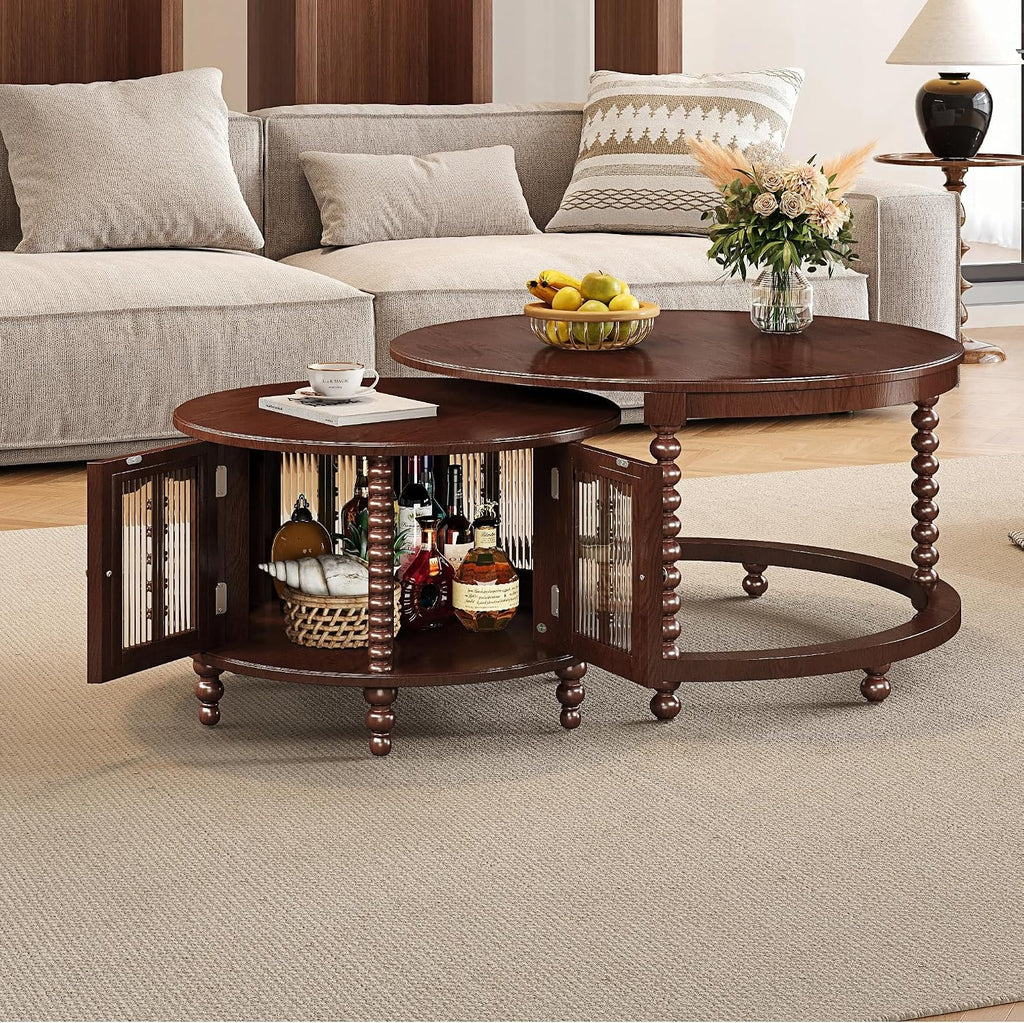 31.5' Walnut Nesting Coffee Table Set of 2, Vintage Round Coffee Table for Living Room with Storage Retro Beaded Leg End Side Table for Bedroom