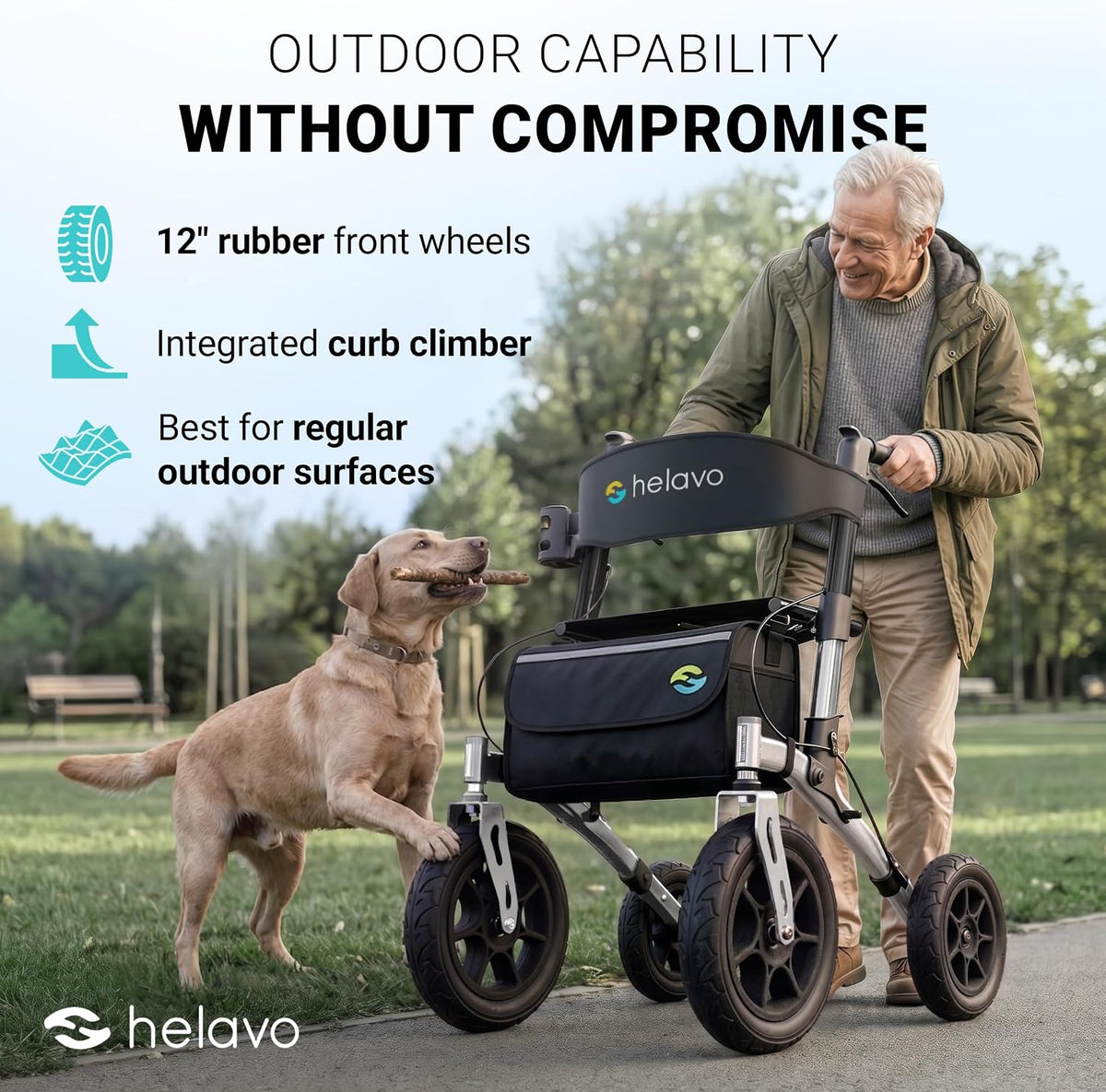 Helavo All Terrain Walker with Puncture-Proof, Flat-Free Solid Rubber Tires, 12' Wheels - Foldable Outdoor Walker for Seniors with Seat, Ergonomic Handles and Extra Padded Backrest