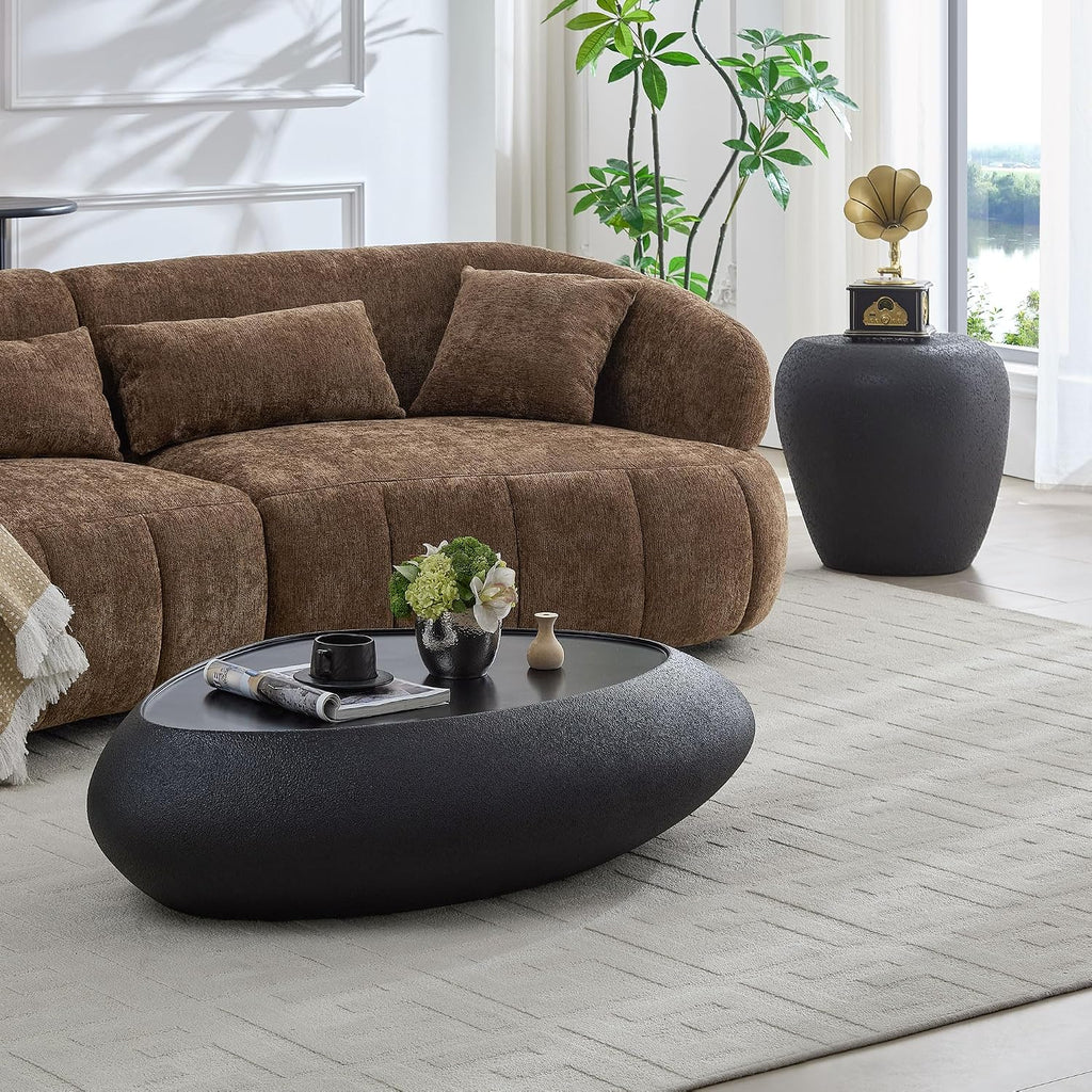 45.28' Oval Coffee Table, Modern Faux Stone Circle Center Tables Accent Drum End Side Table for Living Room, No Installation Required,Black