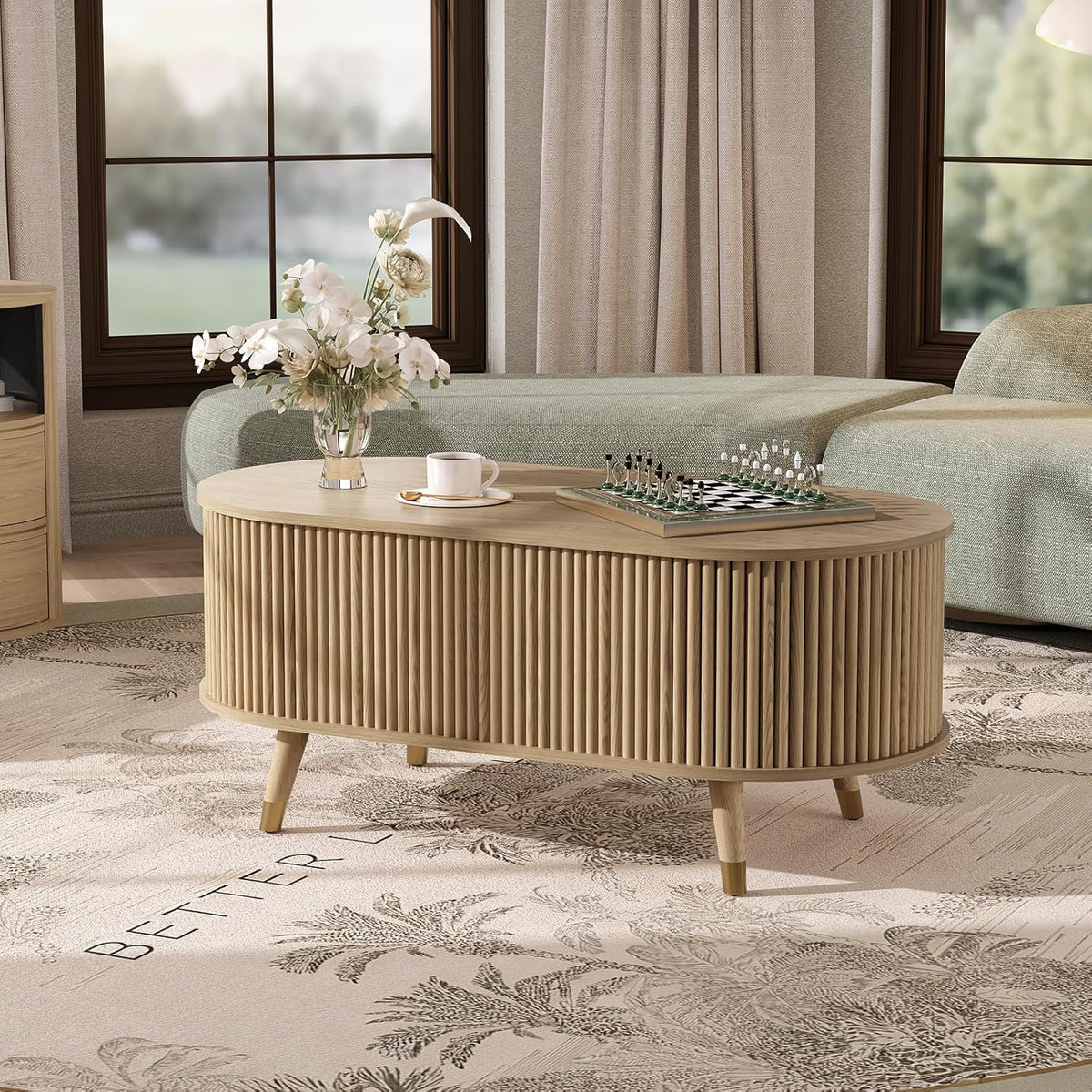 Jiansu furni Lift Top Coffee Table with Storage,42.5' Oval Coffee Table with Hidden Compartment & Solid Wood Legs,Modern Fluted Center Table for Living Room,Home Office,Oak