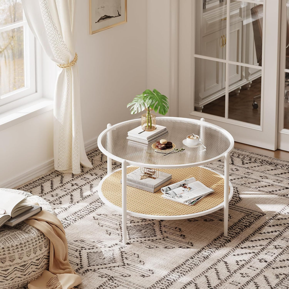Garvee 30' Round Rattan Coffee Table with Storage, 2-Tier Circle Water-Wave Glass Center Table for Living Room, Modern Small Circle White End Table for Bedroom, Office, Apartment