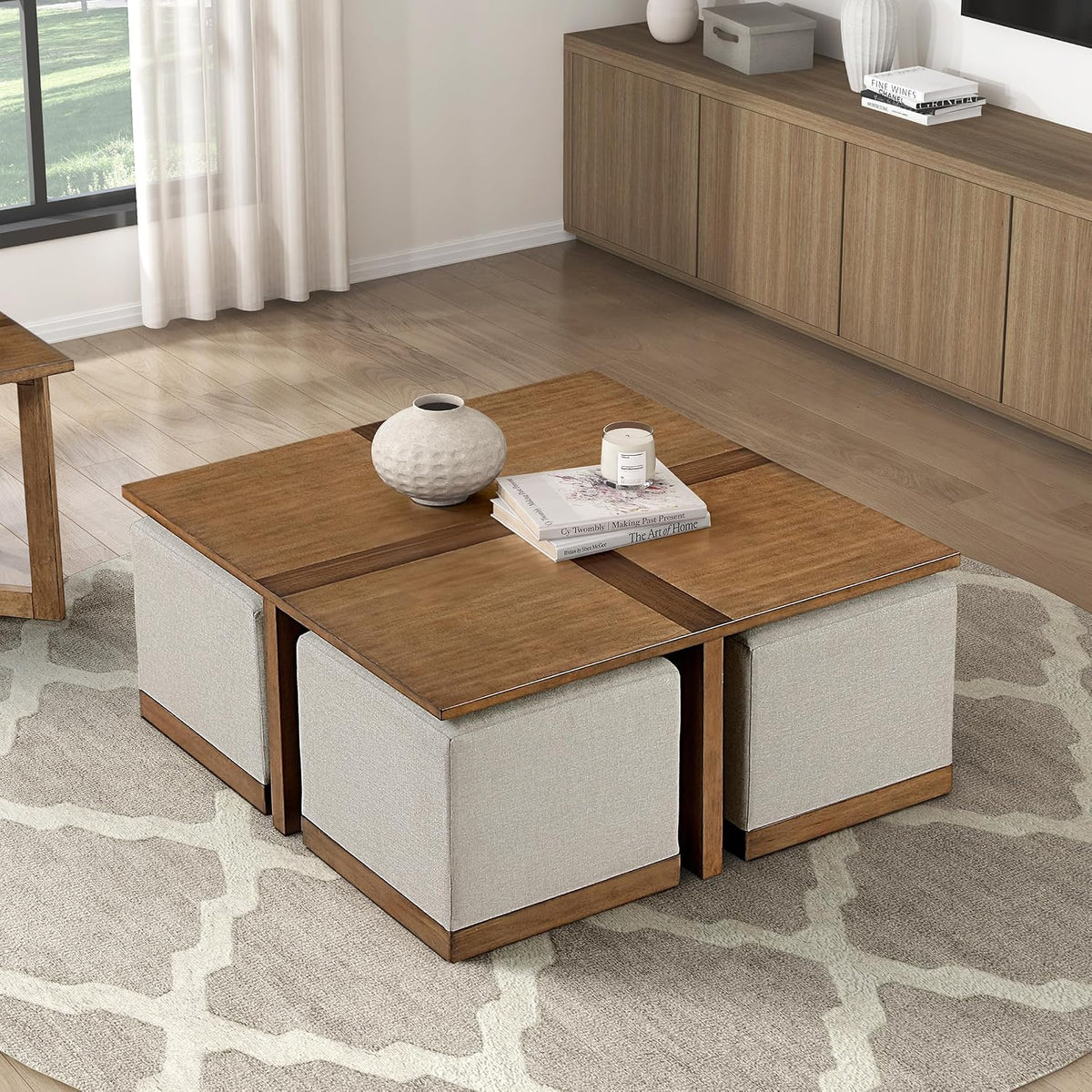 Lexicon 44' Square Coffee Table with 4 Upholstered Stools, Maple Veneer Wood Cocktail Table, Gray Upholstered Stools with Casters, Modern Living Room/Apartment Centerpiece, Full Assembled, Brown