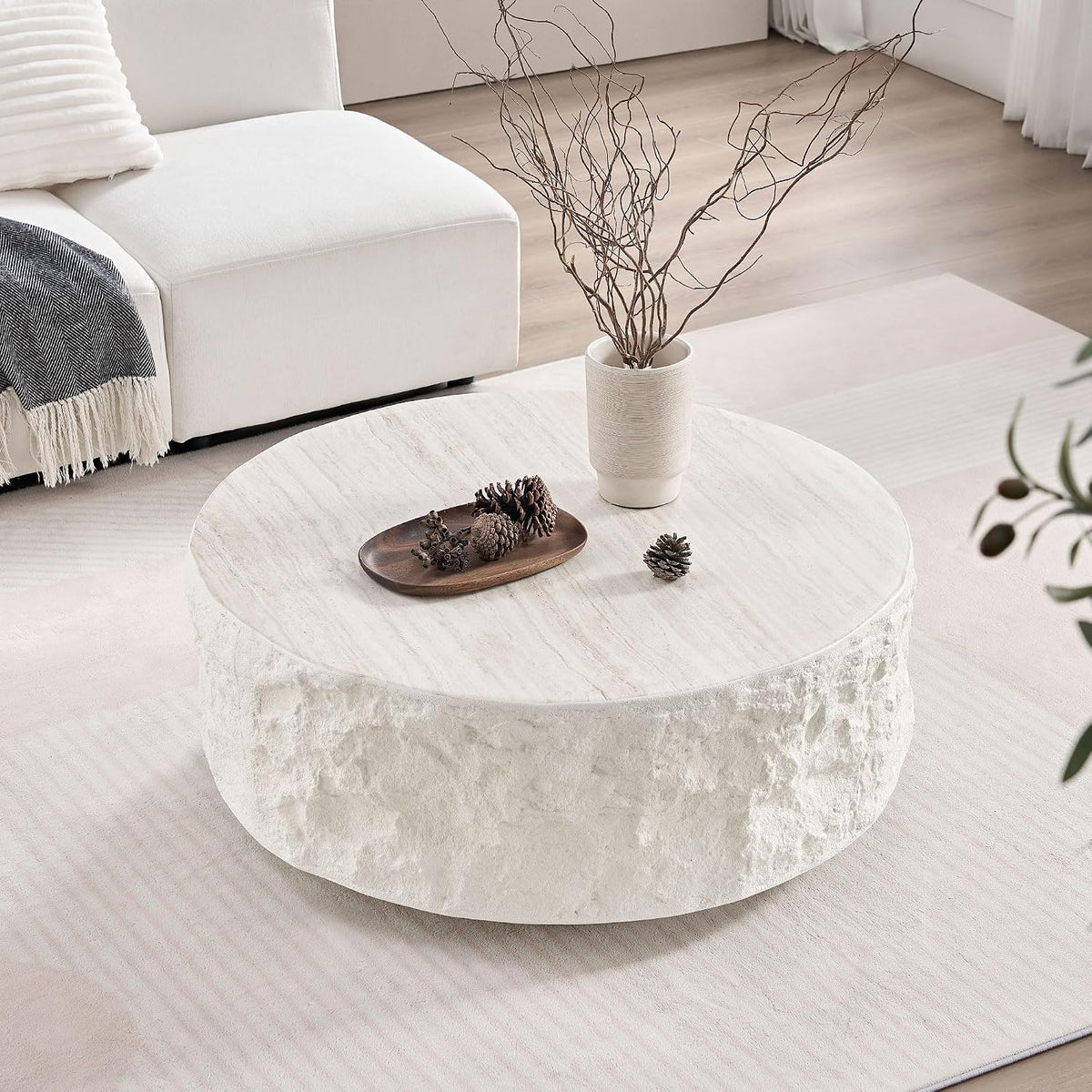 KEVINSPACE Round Coffee Table Set of 2, RoundFiberglass CoffeeTable for Living Room, Side Table for Bedroom Modern Drum CenterTable Circle Stone SideTables for Apartment, No Need Assembly