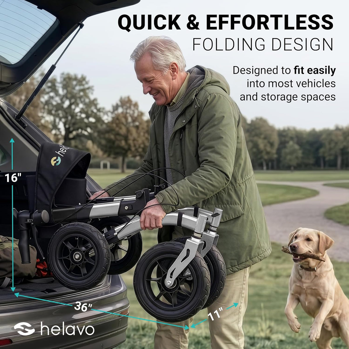 Helavo All Terrain Walker with Puncture-Proof, Flat-Free Solid Rubber Tires, 12' Wheels - Foldable Outdoor Walker for Seniors with Seat, Ergonomic Handles and Extra Padded Backrest