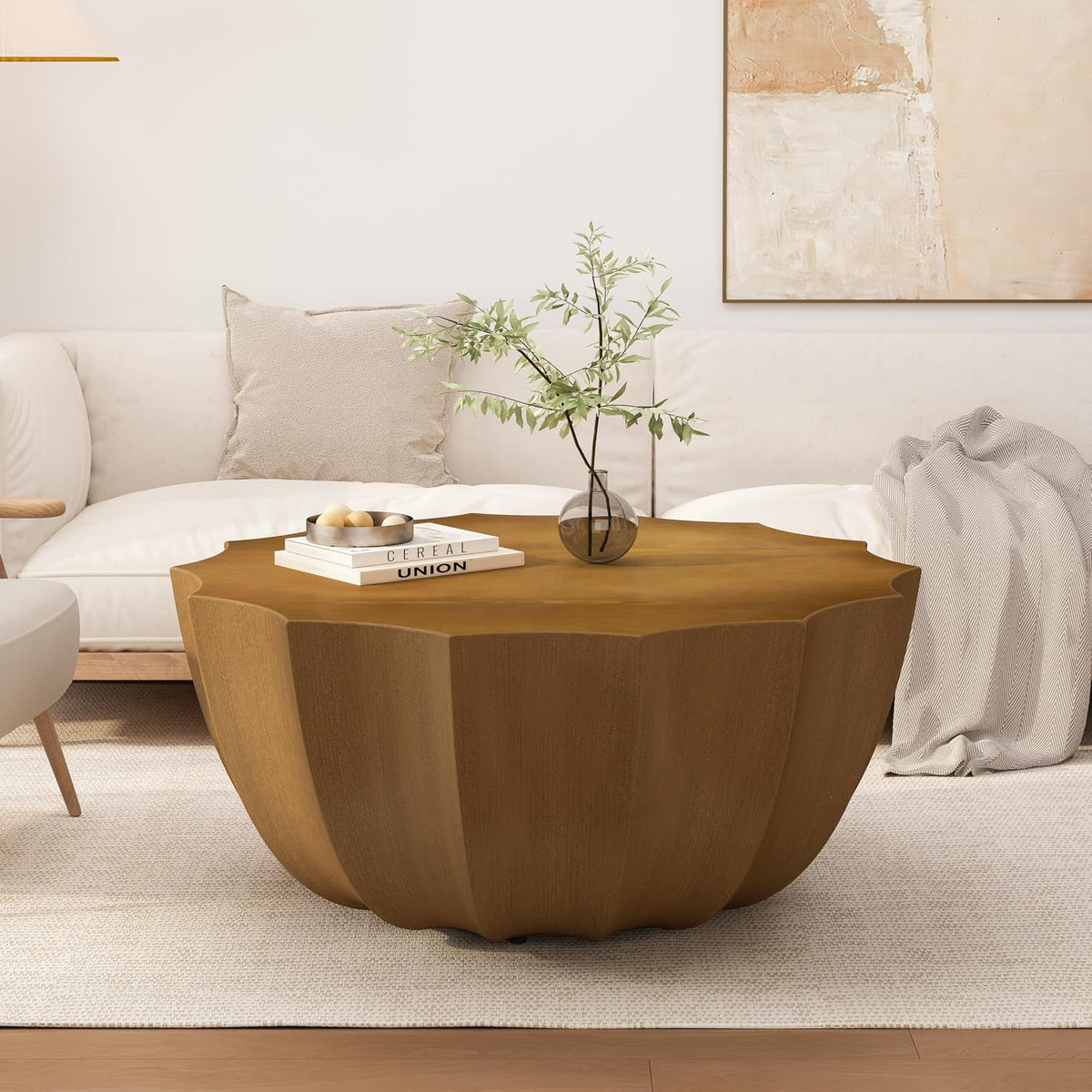 ø35.43'' Faux Stone Coffee Table for Living Room & Outdoor, Faux Concrete Cement Round Circle Drum Coffee Table, MGO Material for Waterproof, No Assembly, Wood