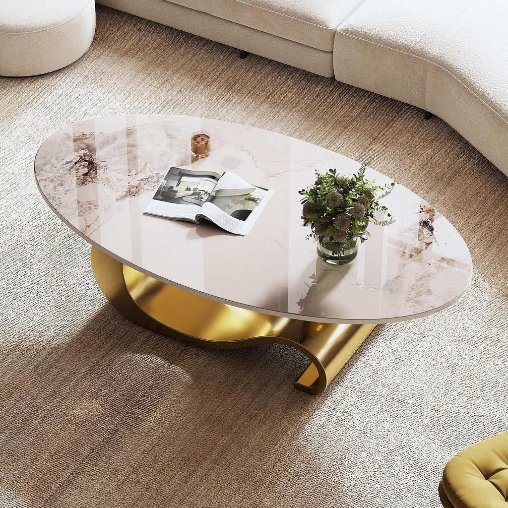 Marble Grain Coffee Table with Gold Stainless Steel Pedestal,Rectangular Coffee Tables,Oval Living Room Table with Faux Marble Top & Luxury Legs,Sintered Stone Cocktail Center Table,49.2 inch