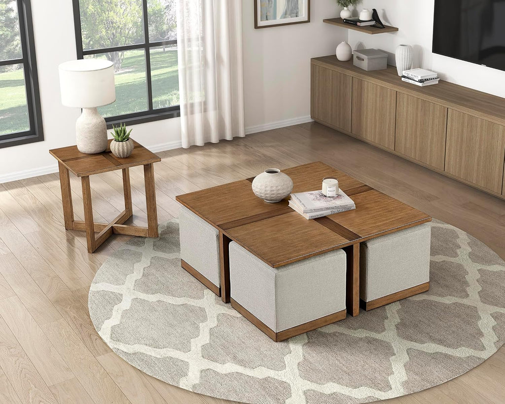 Lexicon 44' Square Coffee Table with 4 Upholstered Stools, Maple Veneer Wood Cocktail Table, Gray Upholstered Stools with Casters, Modern Living Room/Apartment Centerpiece, Full Assembled, Brown
