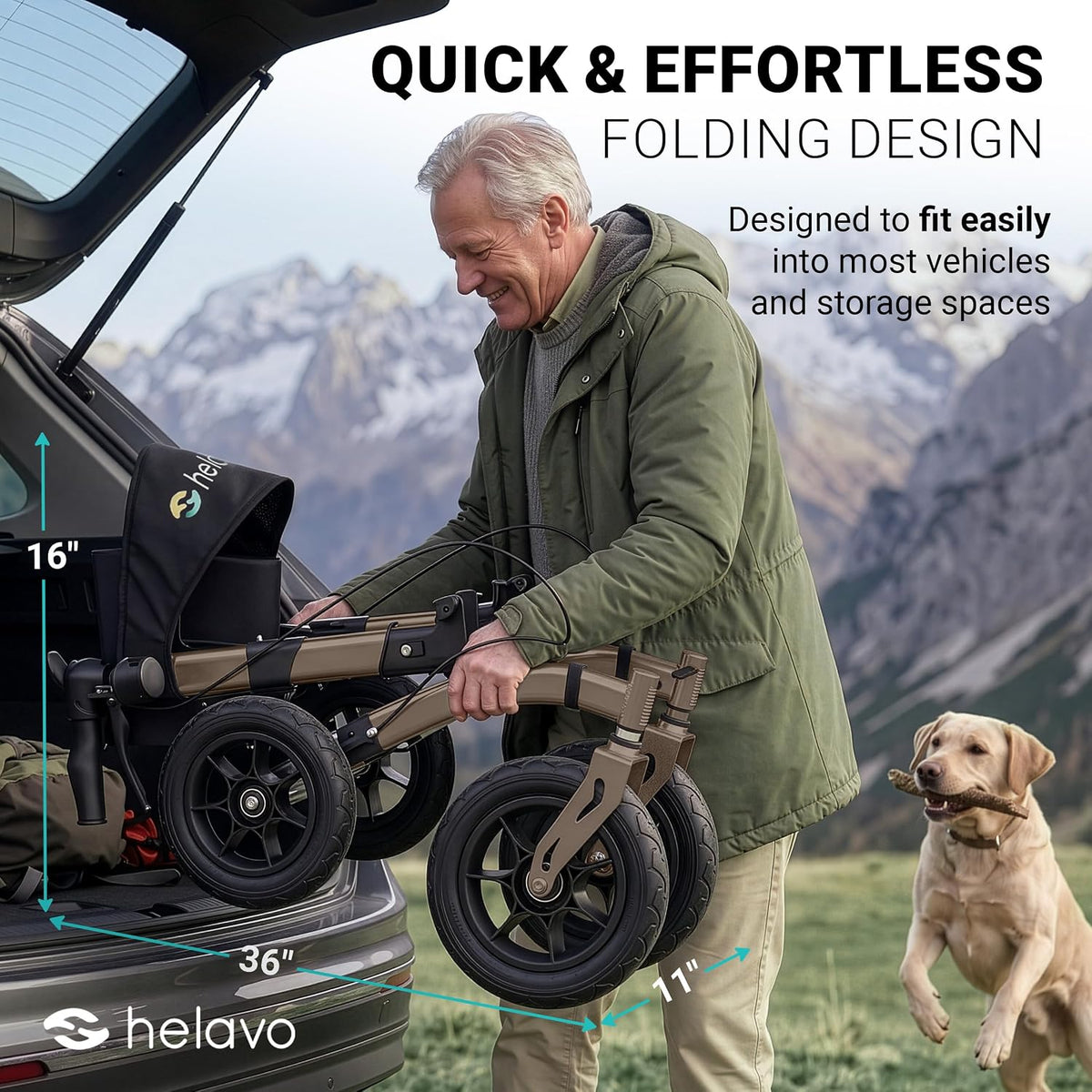 Helavo All Terrain Walker Rollator with 12' Pneumatic Tires – Foldable Outdoor Walkers for Seniors with Seat, Lightweight & Adjustable Height, Shock-Absorbing for Comfort on Any Surface