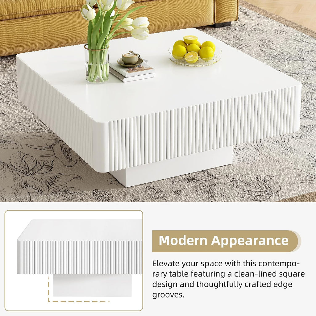 JUSTONE 31.6' Wide Square Coffee Table with 7.1' Thick Tabletop, Modern Black Fluted Drum Design, Sturdy Base Accent Table for Living Room, Easy Assembly(White