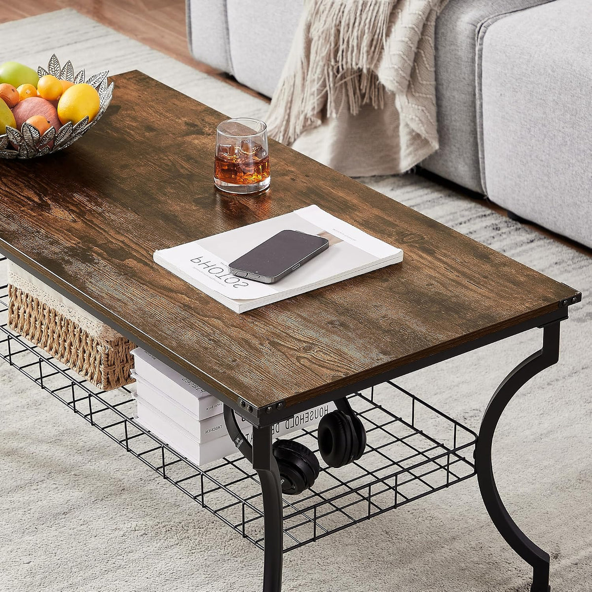 VECELO 3 Pieces Living Room Table Sets, Coffee and End Tables with Open Storage Shelves for Apartment, Home Office, Small Space, Easy Assembly, Brown