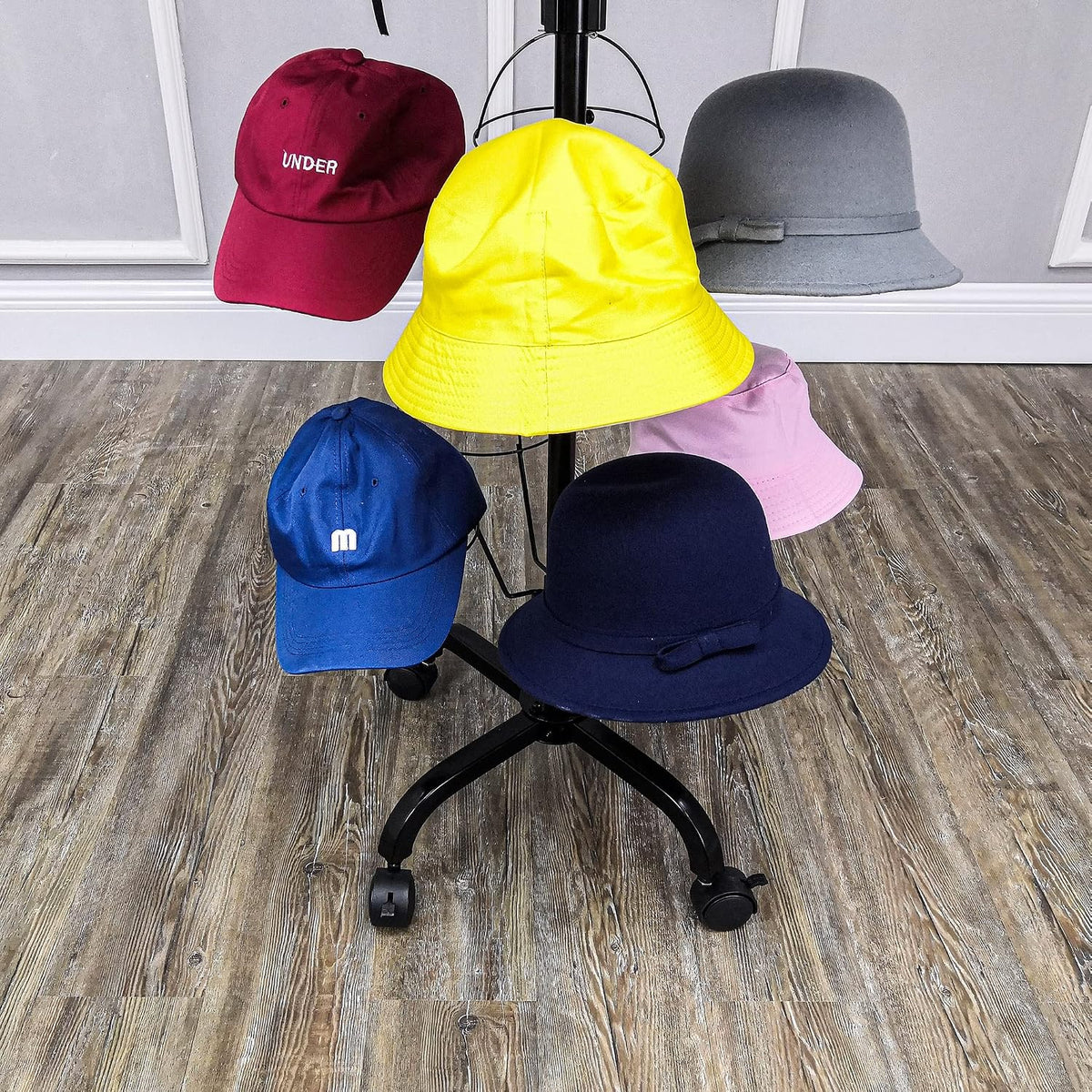 FixtureDisplays® 6-Tier 24 Hat Rotating Hat Display Rack Free Standing Headwear Wig Rack Metal Floor Rack for Caps, Wigs & Hats 20X20X74' 18164-24HAT-NPF